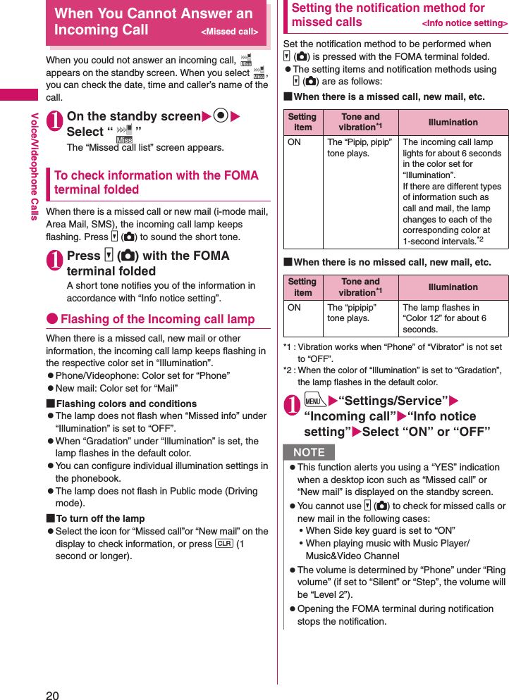 20Voice/Videophone CallsWhen You Cannot Answer an Incoming Call&lt;Missed call&gt;When you could not answer an incoming call,   appears on the standby screen. When you select  , you can check the date, time and caller’s name of the call.1On the standby screenXdXSelect “ ”The “Missed call list” screen appears.To check information with the FOMA terminal foldedWhen there is a missed call or new mail (i-mode mail, Area Mail, SMS), the incoming call lamp keeps flashing. Press s (C) to sound the short tone.1Press s (C) with the FOMA terminal foldedA short tone notifies you of the information in accordance with “Info notice setting”.●Flashing of the Incoming call lampWhen there is a missed call, new mail or other information, the incoming call lamp keeps flashing in the respective color set in “Illumination”.zPhone/Videophone: Color set for “Phone”zNew mail: Color set for “Mail”■Flashing colors and conditionszThe lamp does not flash when “Missed info” under “Illumination” is set to “OFF”.zWhen “Gradation” under “Illumination” is set, the lamp flashes in the default color.zYou can configure individual illumination settings in the phonebook.zThe lamp does not flash in Public mode (Driving mode).■To turn off the lampzSelect the icon for “Missed call”or “New mail” on the display to check information, or press t (1 second or longer).Setting the notification method for missed calls&lt;Info notice setting&gt;Set the notification method to be performed when s(C) is pressed with the FOMA terminal folded.zThe setting items and notification methods using s(C) are as follows:■When there is a missed call, new mail, etc.■When there is no missed call, new mail, etc.*1 : Vibration works when “Phone” of “Vibrator” is not set to “OFF”.*2 : When the color of “Illumination” is set to “Gradation”, the lamp flashes in the default color.1iX“Settings/Service”X“Incoming call”X“Info notice setting”XSelect “ON” or “OFF”Setting itemTone and vibration*1 IlluminationON The “Pipip, pipip” tone plays.The incoming call lamp lights for about 6 seconds in the color set for “Illumination”.If there are different types of information such as call and mail, the lamp changes to each of the corresponding color at 1-second intervals.*2Setting itemTone and vibration*1 IlluminationON The “pipipip” tone plays.The lamp flashes in “Color 12” for about 6 seconds.NzThis function alerts you using a “YES” indication when a desktop icon such as “Missed call” or “New mail” is displayed on the standby screen.zYou cannot use s (C) to check for missed calls or new mail in the following cases:• When Side key guard is set to “ON”• When playing music with Music Player/Music&amp;Video ChannelzThe volume is determined by “Phone” under “Ring volume” (if set to “Silent” or “Step”, the volume will be “Level 2”).zOpening the FOMA terminal during notification stops the notification.