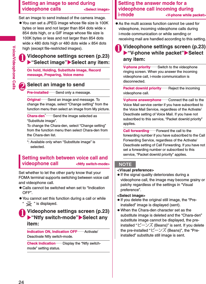 24Voice/Videophone CallsSetting an image to send during videophone calls&lt;Select image&gt;Set an image to send instead of the camera image.zYou can set a JPEG image whose file size is 100K bytes or less and not larger than 854 dots wide × 854 dots high, or a GIF image whose file size is 100K bytes or less and not larger than 854 dots wide x 480 dots high or 480 dots wide × 854 dots high (except file-restricted images).1Videophone settings screen (p.23)X“Select image”XSelect any item:On hold, Holding, Substitute image, Record message, Preparing, Voice memo2Select an image to sendPre-installed……Send only a message.Original……Send an image and message. To change the image, select “Change setting” from the function menu then select an image from My picture.Chara-den*……Send the image selected as “Substitute image”.To change the Chara-den, select “Change setting” from the function menu then select Chara-den from the Chara-den list.*: Available only when “Substitute image” is selected.Setting switch between voice call and videophone call&lt;Ntfy switch-mode&gt;Set whether to let the other party know that your FOMA terminal supports switching between voice call and videophone call.zCalls cannot be switched when set to “Indication OFF”.zYou cannot set this function during a call or while “ ” is displayed.1Videophone settings screen (p.23)X“Ntfy switch-mode”XSelect any item:Indication ON, Indication OFF……Activate/Deactivate Ntfy switch-mode.Check Indication……Display the “Ntfy switch-mode” setting status.Setting the answer mode for a videophone call incoming during i-mode&lt;V-phone while packet&gt;zAs the multi access function cannot be used for videophone, incoming videophone calls during i-mode communication or while sending or receiving mail are handled according to this setting.1Videophone settings screen (p.23)X“V-phone while packet”XSelect any item:V-phone priority……Switch to the videophone ringing screen. When you answer the incoming videophone call, i-mode communication is disconnected.Packet downld priority……Reject the incoming videophone call.V-phone answerphone……Connect the call to the Voice Mail service center if you have subscribed to the Voice Mail Service, regardless of the Activate/Deactivate setting of Voice Mail. If you have not subscribed to this service, “Packet downld priority” applies.Call forwarding……Forward the call to the forwarding number if you have subscribed to the Call Forwarding Service, regardless of the Activate/Deactivate setting of Call Forwarding. If you have not set a forwarding number or subscribed to this service, “Packet downld priority” applies.N&lt;Visual preference&gt;zIf the signal quality deteriorates during a videophone call, the image may become grainy or patchy regardless of the settings in “Visual preference”.&lt;Select image&gt;zIf you delete the original still image, the “Pre-installed” image is displayed (sent).zWhen the Chara-den character set as the substitute image is deleted and the “Chara-den” substitute image cannot be displayed, the pre-installed “ビーンズ (Beans)” is sent. If you delete the pre-installed “ビーンズ (Beans)”, the “Pre-installed” substitute still image is sent.