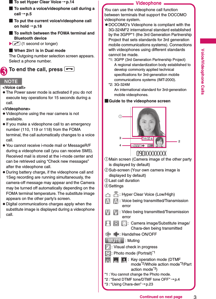 3Continued on next pageVoice/Videophone Calls■To set Hyper Clear Voice→p.14■To switch a voice/videophone call during a call→p.5■To put the current voice/videophone call on hold→p.18■To switch between the FOMA terminal and Bluetooth device Xr (1 second or longer)■When 2in1 is in Dual modeThe Outgoing number selection screen appears. Select a phone number.3To end the call, press yN&lt;Voice call&gt;zThe Power saver mode is activated if you do not execute key operations for 15 seconds during a call. &lt;Videophone&gt;zVideophone using the rear camera is not available.zIf you make a videophone call to an emergency number (110, 119 or 118) from the FOMA terminal, the call automatically changes to a voice call.zYou cannot receive i-mode mail or MessageR/F during a videophone call (you can receive SMS). Received mail is stored at the i-mode center and can be retrieved using “Check new messages” after the videophone call.zDuring battery charge, if the videophone call and 1Seg recording are running simultaneously, the camera-off message may appear and the Camera may be turned off automatically depending on the FOMA terminal temperature. The substitute image appears on the other party’s screen.zDigital communications charges apply when the substitute image is displayed during a videophone call.VideophoneYou can use the videophone call function between terminals that support the DOCOMO videophone system.zDOCOMO’s Videophone is compliant with the 3G-324M*2 international standard established by the 3GPP*1 (the 3rd Generation Partnership Project that sets standards for 3rd generation mobile communications systems). Connections with videophones using different standards cannot be made.*1: 3GPP (3rd Generation Partnership Project) A regional standardization body established to develop commonly applied technical specifications for 3rd-generation mobile communications systems (IMT-2000).*2: 3G-324MAn international standard for 3rd-generation mobile videophones.■Guide to the videophone screen①Main screen (Camera image of the other party is displayed by default)②Sub-screen (Your own camera image is displayed by default)③Last call duration④Settings  : Hyper Clear Voice (Low/High)  : Voice being transmitted/Transmission error  : Video being transmitted/Transmission error  : Camera image/Substitute image/Chara-den being transmitted  : Handsfree ON/OFF : Muting: Visual check in progress: Photo mode (Portrait)*1    : Key operation mode (DTMF mode*2/Whole action mode*3/Part action mode*3)*1 : You cannot change the Photo mode.*2 : “Send DTMF tone/DTMF tone OFF”→p.4*3 : “Using Chara-den”→p.231342