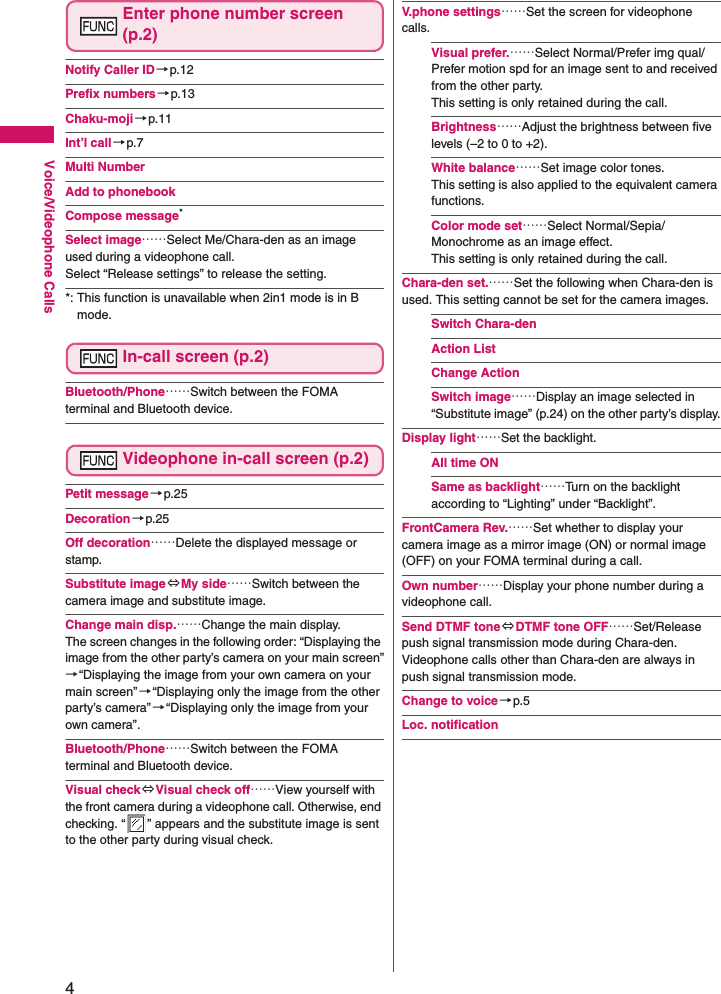 4Voice/Videophone CallsEnter phone number screen (p.2)Notify Caller ID→p.12Prefix numbers →p.13Chaku-moji→p.11Int’l call→p.7Multi NumberAdd to phonebookCompose message*Select image……Select Me/Chara-den as an image used during a videophone call. Select “Release settings” to release the setting.*: This function is unavailable when 2in1 mode is in B mode.In-call screen (p.2)Bluetooth/Phone……Switch between the FOMA terminal and Bluetooth device.Videophone in-call screen (p.2)Petit message→p.25Decoration→p.25Off decoration……Delete the displayed message or stamp.Substitute image ⇔My side……Switch between the camera image and substitute image.Change main disp.……Change the main display. The screen changes in the following order: “Displaying the image from the other party’s camera on your main screen”→“Displaying the image from your own camera on your main screen”→“Displaying only the image from the other party’s camera”→“Displaying only the image from your own camera”.Bluetooth/Phone……Switch between the FOMA terminal and Bluetooth device.Visual check ⇔Visual check off……View yourself with the front camera during a videophone call. Otherwise, end checking. “ ” appears and the substitute image is sent to the other party during visual check.V.phone settings……Set the screen for videophone calls.Visual prefer.……Select Normal/Prefer img qual/Prefer motion spd for an image sent to and received from the other party. This setting is only retained during the call.Brightness……Adjust the brightness between five levels (–2 to 0 to +2).White balance……Set image color tones.This setting is also applied to the equivalent camera functions.Color mode set……Select Normal/Sepia/Monochrome as an image effect. This setting is only retained during the call.Chara-den set.……Set the following when Chara-den is used. This setting cannot be set for the camera images.Switch Chara-denAction ListChange ActionSwitch image……Display an image selected in “Substitute image” (p.24) on the other party’s display.Display light……Set the backlight.All time ONSame as backlight……Turn on the backlight according to “Lighting” under “Backlight”.FrontCamera Rev.……Set whether to display your camera image as a mirror image (ON) or normal image (OFF) on your FOMA terminal during a call.Own number……Display your phone number during a videophone call.Send DTMF tone⇔DTMF tone OFF……Set/Release push signal transmission mode during Chara-den. Videophone calls other than Chara-den are always in push signal transmission mode.Change to voice→p.5Loc. notification