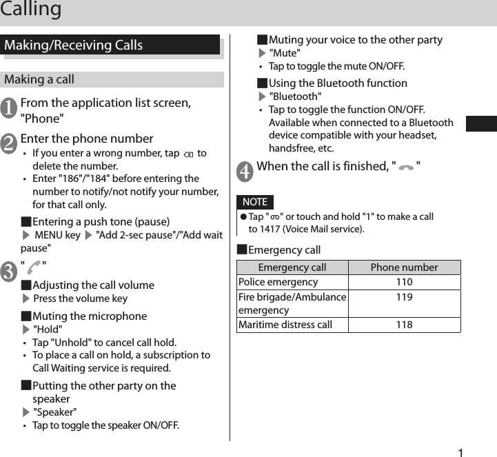 1 ■Muting your voice to the other party▶ &quot;Mute&quot;• Tap to toggle the mute ON/OFF. ■Using the Bluetooth function▶ &quot;Bluetooth&quot;• Tap to toggle the function ON/OFF. Available when connected to a Bluetooth device compatible with your headset, handsfree, etc. 4 When the call is finished, &quot; &quot; NOTE ⿟Tap &quot; &quot; or touch and hold &quot;1&quot; to make a call to 1417 (Voice Mail service). ■Emergency callEmergency call Phone numberPolice emergency 110Fire brigade/Ambulance emergency119Maritime distress call 118Making/Receiving CallsMaking a call1 From the application list screen, &quot;Phone&quot;2 Enter the phone number• If you enter a wrong number, tap   to delete the number.• Enter &quot;186&quot;/&quot;184&quot; before entering the number to notify/not notify your number, for that call only. ■Entering a push tone (pause)▶ MENU key ▶ &quot;Add 2-sec pause&quot;/&quot;Add wait pause&quot;3 &quot; &quot; ■Adjusting the call volume▶ Press the volume key ■Muting the microphone▶ &quot;Hold&quot;• Tap &quot;Unhold&quot; to cancel call hold.• To place a call on hold, a subscription to Call Waiting service is required. ■Putting the other party on the speaker▶ &quot;Speaker&quot;• Tap to toggle the speaker ON/OFF.Calling