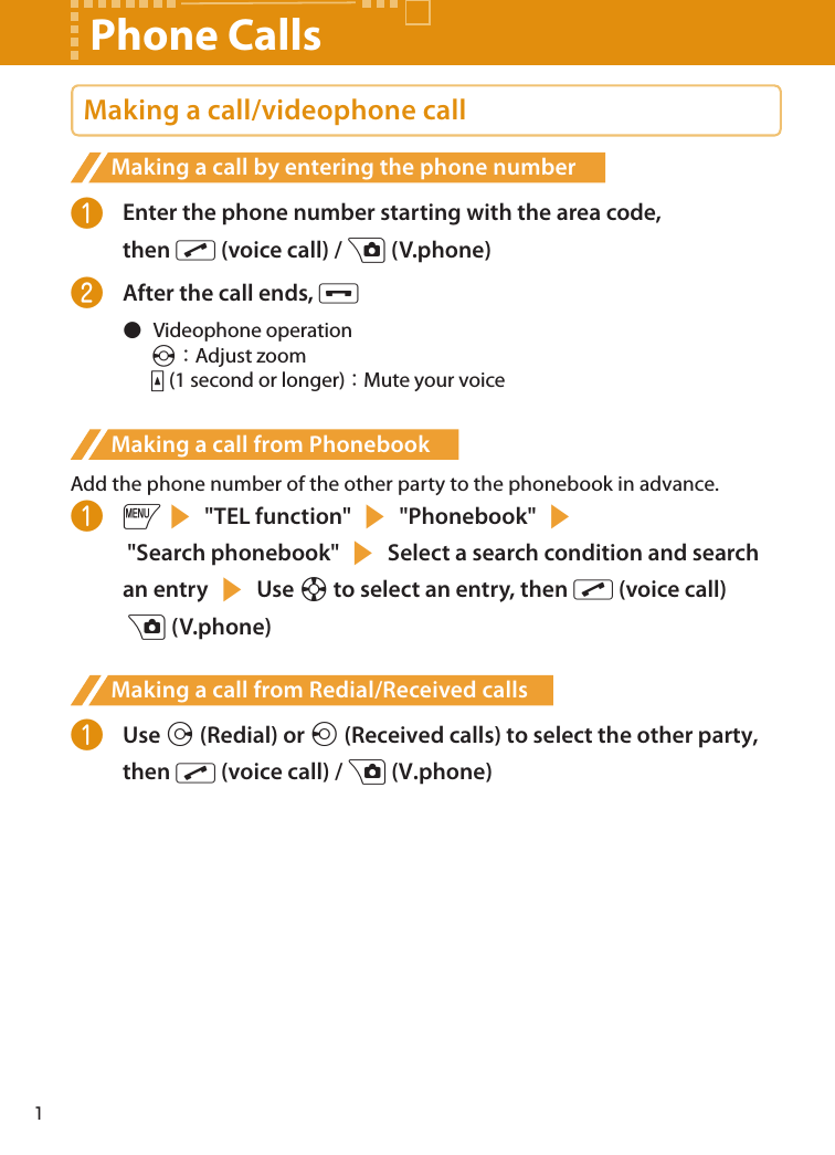 Making a call/videophone callMaking a call by entering the phone number❶  Enter the phone number starting with the area code, then r (voice call) / u (V.phone)❷  After the call ends, y●  Videophone operationv：Adjust zooma (1 second or longer)：Mute your voiceMaking a call from PhonebookAdd the phone number of the other party to the phonebook in advance.❶ is &quot;TEL function&quot; s &quot;Phonebook&quot; s &quot;Search phonebook&quot; s Select a search condition and search an entry s Use b to select an entry, then r (voice call) u (V.phone)Making a call from Redial/Received calls❶  Use j (Redial) or h (Received calls) to select the other party, then r (voice call) / u (V.phone)Phone Calls1