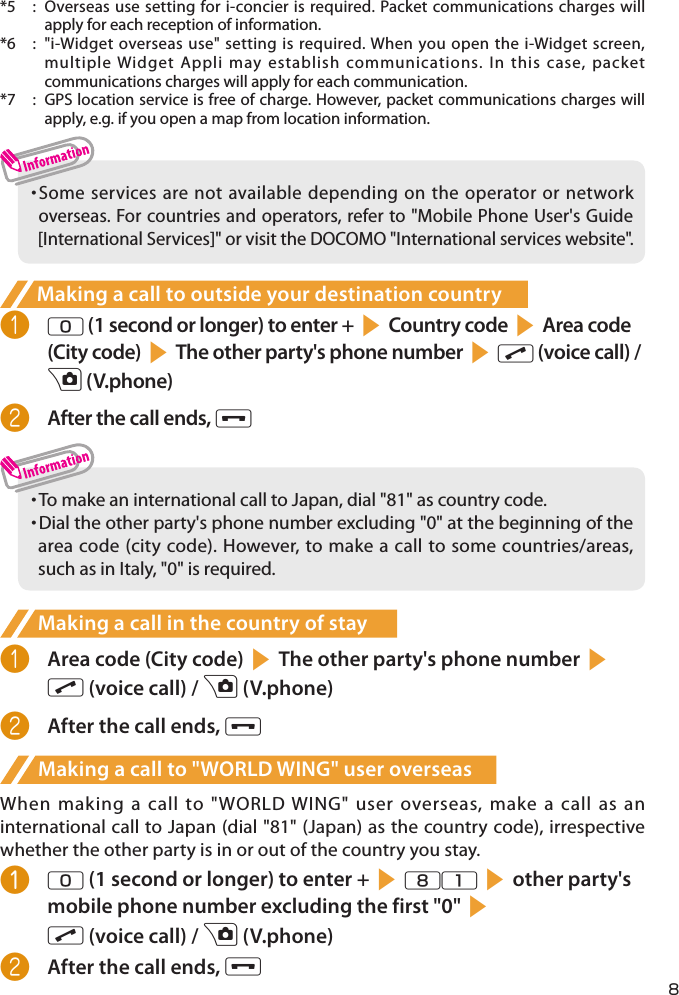 *5  :  Overseas use setting for i-concier is required. Packet communications charges will apply for each reception of information.*6  :  &quot;i-Widget overseas use&quot; setting is required. When you open the i-Widget screen, multiple Widget Appli may establish communications. In this case, packet communications charges will apply for each communication.*7  :  GPS location service is free of charge. However, packet communications charges will apply, e.g. if you open a map from location information.・  Some services are not available depending on the operator or network overseas. For countries and operators, refer to &quot;Mobile Phone User&apos;s Guide [International Services]&quot; or visit the DOCOMO &quot;International services website&quot;.Making a call to outside your destination country❶ 0 (1 second or longer) to enter +sCountry codesArea code (City code)sThe other party&apos;s phone numbersr (voice call) / u (V.phone)❷ After the call ends, y・  To make an international call to Japan, dial &quot;81&quot; as country code.・  Dial the other party&apos;s phone number excluding &quot;0&quot; at the beginning of the area code (city code). However, to make a call to some countries/areas, such as in Italy, &quot;0&quot; is required.Making a call in the country of stay❶ Area code (City code)sThe other party&apos;s phone numbersr (voice call) / u (V.phone)❷ After the call ends, yMaking a call to &quot;WORLD WING&quot; user overseasWhen making a call to &quot;WORLD WING&quot; user overseas, make a call as an international call to Japan (dial &quot;81&quot; (Japan) as the country code), irrespective whether the other party is in or out of the country you stay.❶ 0 (1 second or longer) to enter +s81sother party&apos;s mobile phone number excluding the first &quot;0&quot;sr (voice call) / u (V.phone)❷ After the call ends, y8