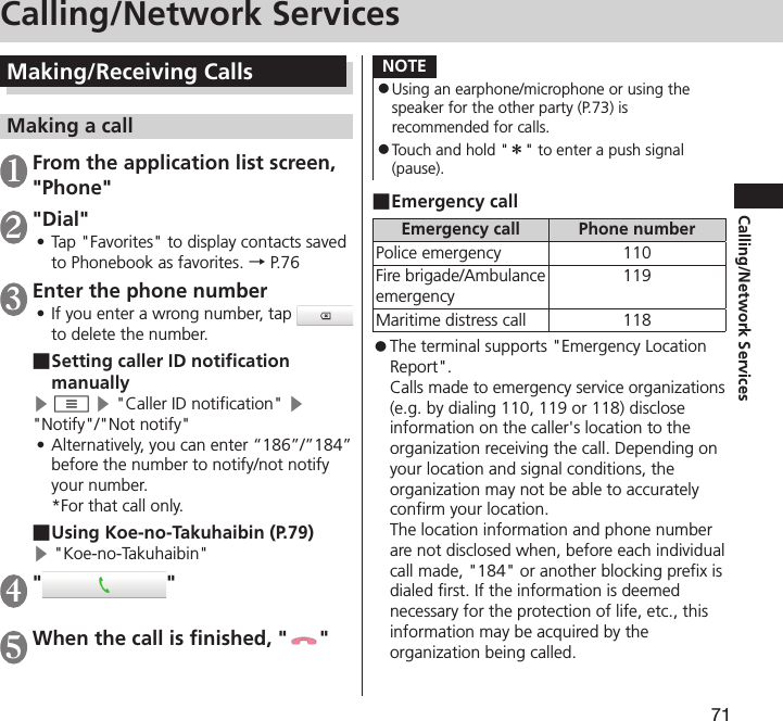 71Calling/Network ServicesNOTE ⿟Using an earphone/microphone or using the speaker for the other party (P. 73) is recommended for calls. ⿟Touch and hold &quot;＊&quot; to enter a push signal (pause). ■Emergency callEmergency call Phone numberPolice emergency 110Fire brigade/Ambulance emergency119Maritime distress call 118 ⿟The terminal supports &quot;Emergency Location Report&quot;.  Calls made to emergency service organizations (e.g. by dialing 110, 119 or 118) disclose information on the caller&apos;s location to the organization receiving the call. Depending on your location and signal conditions, the organization may not be able to accurately confirm your location. The location information and phone number are not disclosed when, before each individual call made, &quot;184&quot; or another blocking prefix is dialed first. If the information is deemed necessary for the protection of life, etc., this information may be acquired by the organization being called. Making/Receiving CallsMaking a call1 From the application list screen, &quot;Phone&quot;2 &quot;Dial&quot;•Tap &quot;Favorites&quot; to display contacts saved to Phonebook as favorites. →  P. 763 Enter the phone number•If you enter a wrong number, tap   to delete the number. ■Setting caller ID notification manually▶ m ▶ &quot;Caller ID notification&quot; ▶ &quot;Notify&quot;/&quot;Not notify&quot;•Alternatively, you can enter “186”/”184” before the number to notify/not notify your number. *For that call only. ■Using Koe-no-Takuhaibin (P. 79)▶ &quot;Koe-no-Takuhaibin&quot;4 &quot; &quot; 5 When the call is finished, &quot; &quot; Calling/Network Services