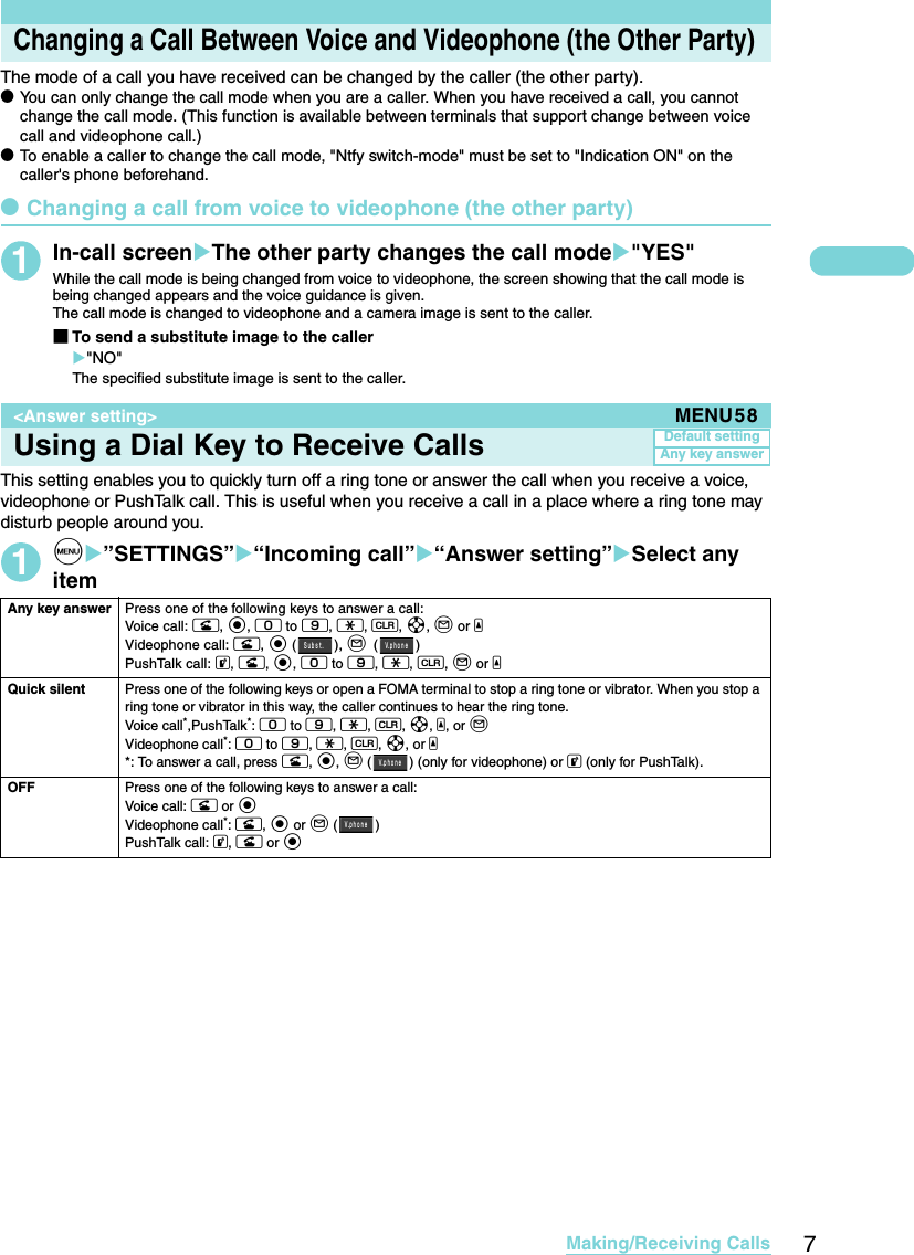 7Making/Receiving CallsChanging a Call Between Voice and Videophone (the Other Party)The mode of a call you have received can be changed by the caller (the other party). dYou can only change the call mode when you are a caller. When you have received a call, you cannot change the call mode. (This function is available between terminals that support change between voice call and videophone call.) dTo enable a caller to change the call mode, &quot;Ntfy switch-mode&quot; must be set to &quot;Indication ON&quot; on the caller&apos;s phone beforehand.dChanging a call from voice to videophone (the other party)1In-call screenXThe other party changes the call modeX&quot;YES&quot;While the call mode is being changed from voice to videophone, the screen showing that the call mode is being changed appears and the voice guidance is given. The call mode is changed to videophone and a camera image is sent to the caller. ■To send a substitute image to the callerX&quot;NO&quot;The specified substitute image is sent to the caller. &lt;Answer setting&gt; MENU58Using a Dial Key to Receive CallsThis setting enables you to quickly turn off a ring tone or answer the call when you receive a voice, videophone or PushTalk call. This is useful when you receive a call in a place where a ring tone may disturb people around you.1iX”SETTINGS”X“Incoming call”X“Answer setting”XSelect any itemAny key answer Press one of the following keys to answer a call: Voice call: r, d, 0 to 9, w, t, b, o or aVideophone call: r, d ( ), o ()PushTalk call: P, r, d, 0 to 9, w, t, o or aQuick silent Press one of the following keys or open a FOMA terminal to stop a ring tone or vibrator. When you stop a ring tone or vibrator in this way, the caller continues to hear the ring tone. Voice call*,PushTalk*: 0 to 9, w, t, b, a, or oVideophone call*: 0 to 9, w, t, b, or a*: To answer a call, press r, d, o ( ) (only for videophone) or P (only for PushTalk).OFF Press one of the following keys to answer a call: Voice call: r or dVideophone call*: r, d or o ()PushTalk call: P, r or dDefault settingAny key answerＳｕｂｓｔ． Ｖ ｐｈｏｎｅ．Ｖ ｐｈｏｎｅ．Ｖ ｐｈｏｎｅ．