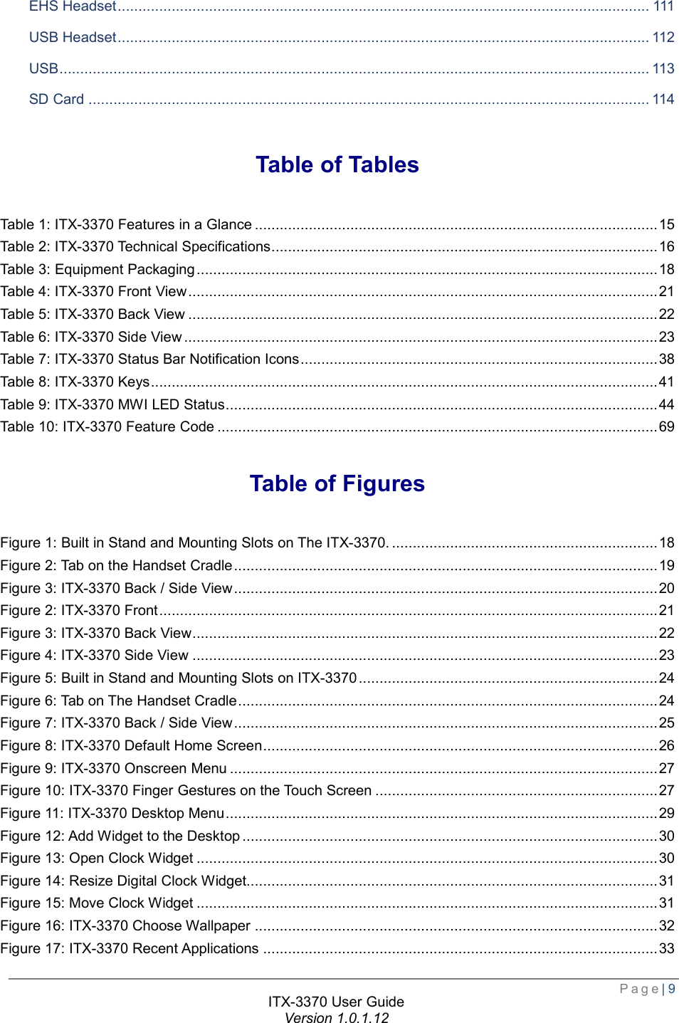  Page| 9  ITX-3370 User Guide Version 1.0.1.12  EHS Headset ................................................................................................................................ 111 USB Headset ................................................................................................................................ 112 USB .............................................................................................................................................. 113 SD Card ....................................................................................................................................... 114  Table of Tables Table 1: ITX-3370 Features in a Glance ................................................................................................. 15 Table 2: ITX-3370 Technical Specifications ............................................................................................. 16 Table 3: Equipment Packaging ............................................................................................................... 18 Table 4: ITX-3370 Front View ................................................................................................................. 21 Table 5: ITX-3370 Back View ................................................................................................................. 22 Table 6: ITX-3370 Side View .................................................................................................................. 23 Table 7: ITX-3370 Status Bar Notification Icons ...................................................................................... 38 Table 8: ITX-3370 Keys .......................................................................................................................... 41 Table 9: ITX-3370 MWI LED Status ........................................................................................................ 44 Table 10: ITX-3370 Feature Code .......................................................................................................... 69  Table of Figures Figure 1: Built in Stand and Mounting Slots on The ITX-3370. ................................................................ 18 Figure 2: Tab on the Handset Cradle ...................................................................................................... 19 Figure 3: ITX-3370 Back / Side View ...................................................................................................... 20 Figure 2: ITX-3370 Front ........................................................................................................................ 21 Figure 3: ITX-3370 Back View ................................................................................................................ 22 Figure 4: ITX-3370 Side View ................................................................................................................ 23 Figure 5: Built in Stand and Mounting Slots on ITX-3370 ........................................................................ 24 Figure 6: Tab on The Handset Cradle ..................................................................................................... 24 Figure 7: ITX-3370 Back / Side View ...................................................................................................... 25 Figure 8: ITX-3370 Default Home Screen ............................................................................................... 26 Figure 9: ITX-3370 Onscreen Menu ....................................................................................................... 27 Figure 10: ITX-3370 Finger Gestures on the Touch Screen .................................................................... 27 Figure 11: ITX-3370 Desktop Menu ........................................................................................................ 29 Figure 12: Add Widget to the Desktop .................................................................................................... 30 Figure 13: Open Clock Widget ............................................................................................................... 30 Figure 14: Resize Digital Clock Widget................................................................................................... 31 Figure 15: Move Clock Widget ............................................................................................................... 31 Figure 16: ITX-3370 Choose Wallpaper ................................................................................................. 32 Figure 17: ITX-3370 Recent Applications ............................................................................................... 33 