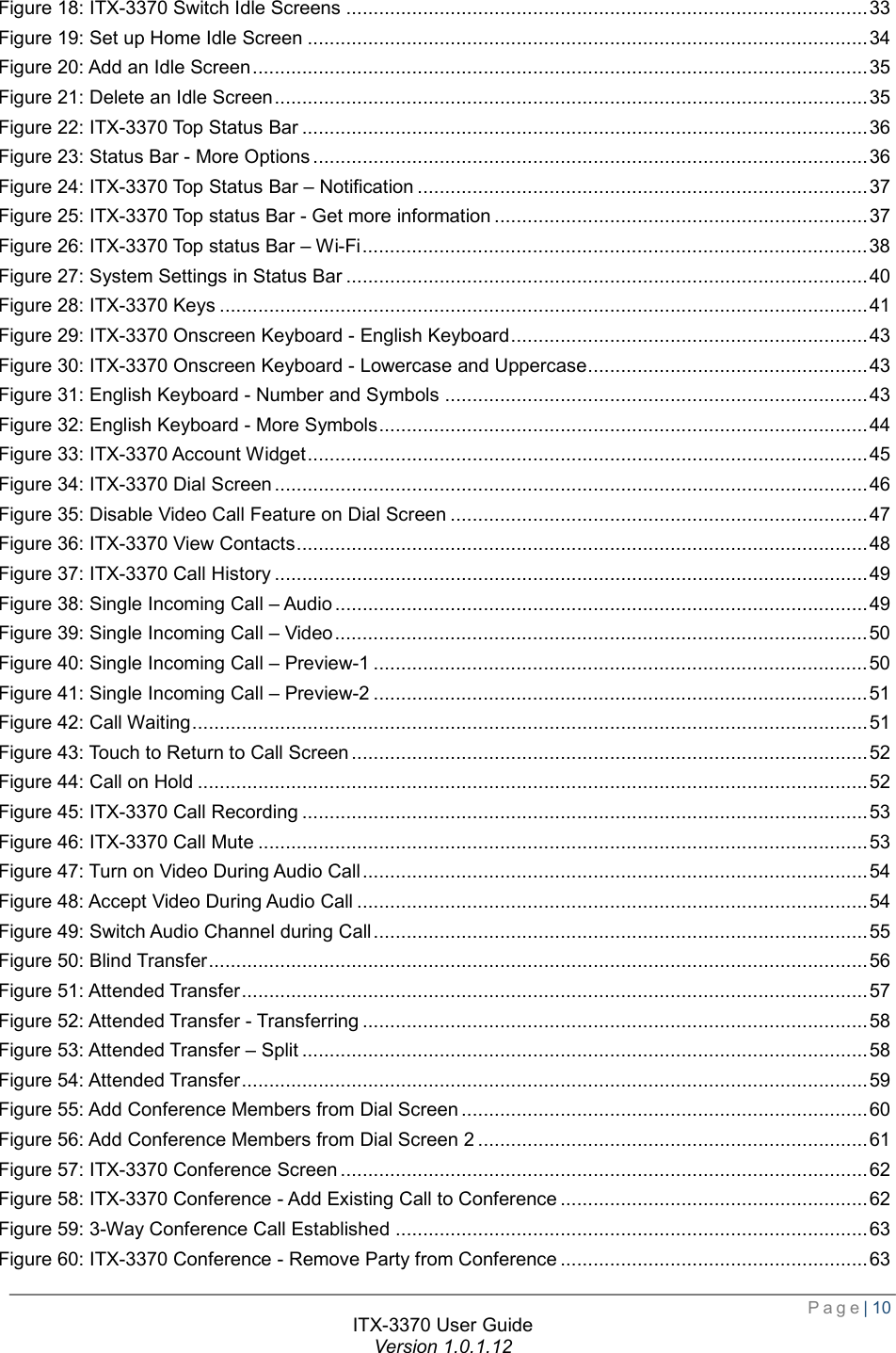 Page| 10  ITX-3370 User Guide Version 1.0.1.12  Figure 18: ITX-3370 Switch Idle Screens ............................................................................................... 33 Figure 19: Set up Home Idle Screen ...................................................................................................... 34 Figure 20: Add an Idle Screen ................................................................................................................ 35 Figure 21: Delete an Idle Screen ............................................................................................................ 35 Figure 22: ITX-3370 Top Status Bar ....................................................................................................... 36 Figure 23: Status Bar - More Options ..................................................................................................... 36 Figure 24: ITX-3370 Top Status Bar – Notification .................................................................................. 37 Figure 25: ITX-3370 Top status Bar - Get more information .................................................................... 37 Figure 26: ITX-3370 Top status Bar – Wi-Fi ............................................................................................ 38 Figure 27: System Settings in Status Bar ............................................................................................... 40 Figure 28: ITX-3370 Keys ...................................................................................................................... 41 Figure 29: ITX-3370 Onscreen Keyboard - English Keyboard ................................................................. 43 Figure 30: ITX-3370 Onscreen Keyboard - Lowercase and Uppercase ................................................... 43 Figure 31: English Keyboard - Number and Symbols ............................................................................. 43 Figure 32: English Keyboard - More Symbols ......................................................................................... 44 Figure 33: ITX-3370 Account Widget ...................................................................................................... 45 Figure 34: ITX-3370 Dial Screen ............................................................................................................ 46 Figure 35: Disable Video Call Feature on Dial Screen ............................................................................ 47 Figure 36: ITX-3370 View Contacts ........................................................................................................ 48 Figure 37: ITX-3370 Call History ............................................................................................................ 49 Figure 38: Single Incoming Call – Audio ................................................................................................. 49 Figure 39: Single Incoming Call – Video ................................................................................................. 50 Figure 40: Single Incoming Call – Preview-1 .......................................................................................... 50 Figure 41: Single Incoming Call – Preview-2 .......................................................................................... 51 Figure 42: Call Waiting ........................................................................................................................... 51 Figure 43: Touch to Return to Call Screen .............................................................................................. 52 Figure 44: Call on Hold .......................................................................................................................... 52 Figure 45: ITX-3370 Call Recording ....................................................................................................... 53 Figure 46: ITX-3370 Call Mute ............................................................................................................... 53 Figure 47: Turn on Video During Audio Call ............................................................................................ 54 Figure 48: Accept Video During Audio Call ............................................................................................. 54 Figure 49: Switch Audio Channel during Call .......................................................................................... 55 Figure 50: Blind Transfer ........................................................................................................................ 56 Figure 51: Attended Transfer .................................................................................................................. 57 Figure 52: Attended Transfer - Transferring ............................................................................................ 58 Figure 53: Attended Transfer – Split ....................................................................................................... 58 Figure 54: Attended Transfer .................................................................................................................. 59 Figure 55: Add Conference Members from Dial Screen .......................................................................... 60 Figure 56: Add Conference Members from Dial Screen 2 ....................................................................... 61 Figure 57: ITX-3370 Conference Screen ................................................................................................ 62 Figure 58: ITX-3370 Conference - Add Existing Call to Conference ........................................................ 62 Figure 59: 3-Way Conference Call Established ...................................................................................... 63 Figure 60: ITX-3370 Conference - Remove Party from Conference ........................................................ 63 