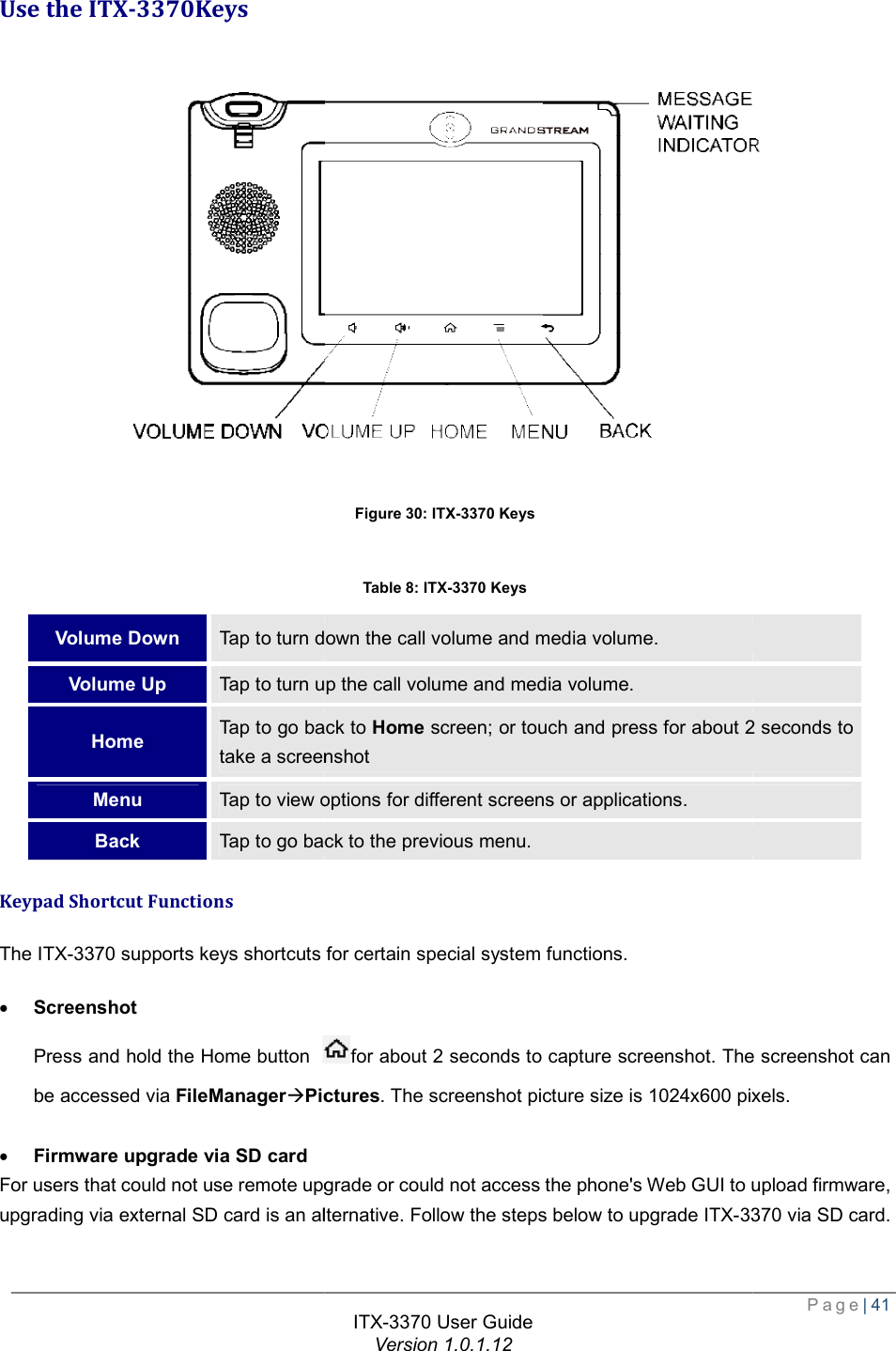  Use the ITX-3370Keys  Volume Down Tap to turn down the call volume and media volume.Volume Up Tap to turn up the call volume and media volume.Home Tap to go back to take a screenshotMenu Tap to view options for different screens or applications.Back Tap to go back to the previous menu.Keypad Shortcut Functions The ITX-3370 supports keys shortcuts for certain special system functions.· Screenshot Press and hold the Home button be accessed via FileManageràPictures · Firmware upgrade via SD card For users that could not use remote upgrade or could not access the phone&apos;s Web GUI to upload firmware, upgrading via external SD card is an alternative. Follow the steps below to upgrade ITX-3370 User Guide Version 1.0.1.12 Figure 30: ITX-3370 Keys Table 8: ITX-3370 Keys Tap to turn down the call volume and media volume. Tap to turn up the call volume and media volume. Tap to go back to Home screen; or touch and press for about 2 secondstake a screenshot Tap to view options for different screens or applications. Tap to go back to the previous menu. supports keys shortcuts for certain special system functions. for about 2 seconds to capture screenshot. The screenshot can Pictures. The screenshot picture size is 1024x600 pixels. that could not use remote upgrade or could not access the phone&apos;s Web GUI to upload firmware, SD card is an alternative. Follow the steps below to upgrade ITX-3370 Page| 41  screen; or touch and press for about 2 seconds to seconds to capture screenshot. The screenshot can . The screenshot picture size is 1024x600 pixels. that could not use remote upgrade or could not access the phone&apos;s Web GUI to upload firmware, 3370 via SD card. 