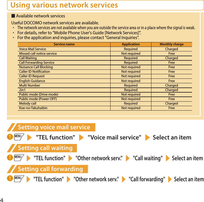 4Using various network services■ Available network servicesUseful DOCOMO network services are available.・ The network services are not available when you are outside the service area or in a place where the signal is weak.・  For details, refer to &quot;Mobile Phone User&apos;s Guide [Network Services]&quot;.・ For the application and inquiries, please contact &quot;General Inquiries&quot;.Service name ApplicationMonthly chargeVoice Mail Service Required ChargedMissed call notice service Not required FreeCall Waiting Required ChargedCall Forwarding Service Required FreeNuisance Call Blocking Not required FreeCaller ID Notification Not required FreeCaller ID Request Not required FreeEnglish Guidance Not required FreeMulti Number Required Charged2in1 Required ChargedPublic mode (Drive mode) Not required FreePublic mode (Power OFF) Not required FreeMelody call Required ChargedKoe-no-Takuhaibin Not required FreeSetting voice mail service❶  is &quot;TEL function&quot; s &quot;Voice mail service&quot; sSelect an itemSetting call waiting❶  is &quot;TEL function&quot; s &quot;Other network serv.&quot; s &quot;Call waiting&quot; sSelect an itemSetting call forwarding❶  is &quot;TEL function&quot; s &quot;Other network serv.&quot; s &quot;Call forwarding&quot; sSelect an item