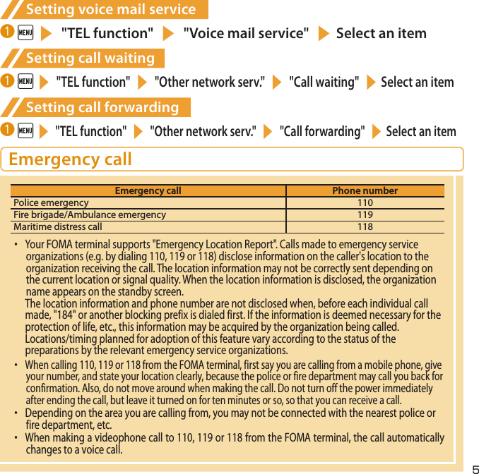 5Setting voice mail service❶  is &quot;TEL function&quot; s &quot;Voice mail service&quot; sSelect an itemSetting call waiting❶  is &quot;TEL function&quot; s &quot;Other network serv.&quot; s &quot;Call waiting&quot; sSelect an itemSetting call forwarding❶  is &quot;TEL function&quot; s &quot;Other network serv.&quot; s &quot;Call forwarding&quot; sSelect an itemEmergency callEmergency call Phone numberPolice emergency 110Fire brigade/Ambulance emergency 119Maritime distress call 118・ Your FOMA terminal supports &quot;Emergency Location Report&quot;. Calls made to emergency service organizations (e.g. by dialing 110, 119 or 118) disclose information on the caller&apos;s location to the organization receiving the call. The location information may not be correctly sent depending on the current location or signal quality. When the location information is disclosed, the organization name appears on the standby screen.The location information and phone number are not disclosed when, before each individual call made, &quot;184&quot; or another blocking prefix is dialed first. If the information is deemed necessary for the protection of life, etc., this information may be acquired by the organization being called. Locations/timing planned for adoption of this feature vary according to the status of the preparations by the relevant emergency service organizations.・ When calling 110, 119 or 118 from the FOMA terminal, first say you are calling from a mobile phone, give your number, and state your location clearly, because the police or fire department may call you back for confirmation. Also, do not move around when making the call. Do not turn off the power immediately after ending the call, but leave it turned on for ten minutes or so, so that you can receive a call.・ Depending on the area you are calling from, you may not be connected with the nearest police or fire department, etc.・ When making a videophone call to 110, 119 or 118 from the FOMA terminal, the call automatically changes to a voice call.