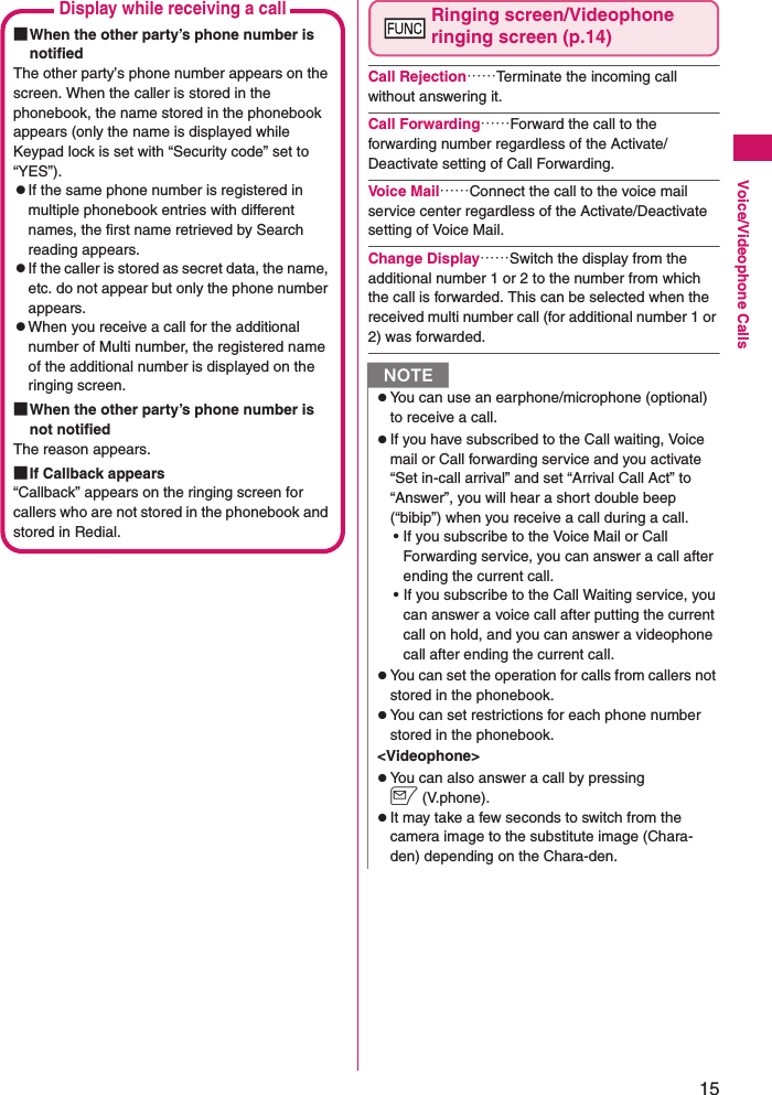 15Voice/Videophone CallsRinging screen/Videophone ringing screen (p.14)Call Rejection……Terminate the incoming call without answering it.Call Forwarding……Forward the call to the forwarding number regardless of the Activate/Deactivate setting of Call Forwarding.Voice Mail……Connect the call to the voice mail service center regardless of the Activate/Deactivate setting of Voice Mail.Change Display……Switch the display from the additional number 1 or 2 to the number from which the call is forwarded. This can be selected when the received multi number call (for additional number 1 or 2) was forwarded.Display while receiving a call■When the other party’s phone number is notifiedThe other party’s phone number appears on the screen. When the caller is stored in the phonebook, the name stored in the phonebook appears (only the name is displayed while Keypad lock is set with “Security code” set to “YES”).zIf the same phone number is registered in multiple phonebook entries with different names, the first name retrieved by Search reading appears.zIf the caller is stored as secret data, the name, etc. do not appear but only the phone number appears.zWhen you receive a call for the additional number of Multi number, the registered name of the additional number is displayed on the ringing screen.■When the other party’s phone number is not notifiedThe reason appears.■If Callback appears“Callback” appears on the ringing screen for callers who are not stored in the phonebook and stored in Redial.NzYou can use an earphone/microphone (optional) to receive a call.zIf you have subscribed to the Call waiting, Voice mail or Call forwarding service and you activate “Set in-call arrival” and set “Arrival Call Act” to “Answer”, you will hear a short double beep (“bibip”) when you receive a call during a call.• If you subscribe to the Voice Mail or Call Forwarding service, you can answer a call after ending the current call.• If you subscribe to the Call Waiting service, you can answer a voice call after putting the current call on hold, and you can answer a videophone call after ending the current call.zYou can set the operation for calls from callers not stored in the phonebook.zYou can set restrictions for each phone number stored in the phonebook.&lt;Videophone&gt;zYou can also answer a call by pressing o (V.phone).zIt may take a few seconds to switch from the camera image to the substitute image (Chara-den) depending on the Chara-den.