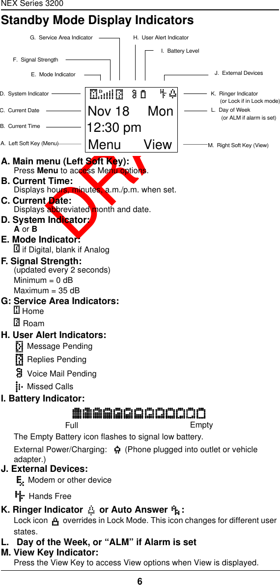 NEX Series 32006  DRAFTStandby Mode Display IndicatorsA. Main menu (Left Soft Key):Press Menu to access Menu options.B. Current Time:Displays hours, minutes, a.m./p.m. when set.C. Current Date:Displays abbreviated month and date.D. System Indicator:A or BE. Mode Indicator:! if Digital, blank if AnalogF. Signal Strength:(updated every 2 seconds)Minimum = 0 dBMaximum = 35 dBG: Service Area Indicators:, Home$ RoamH. User Alert Indicators: Message Pending Replies Pending Voice Mail Pending Missed CallsI. Battery Indicator:The Empty Battery icon flashes to signal low battery.External Power/Charging:   (Phone plugged into outlet or vehicle adapter.)J. External Devices: Modem or other device Hands FreeK. Ringer Indicator  or Auto Answer :Lock icon  overrides in Lock Mode. This icon changes for different user states.L.   Day of the Week, or “ALM” if Alarm is setM. View Key Indicator:Press the View Key to access View options when View is displayed.F.  Signal StrengthC.  Current DateB.  Current TimeA.  Left Soft Key (Menu) M.  Right Soft Key (View)G.  Service Area IndicatorD.  System IndicatorE.  Mode IndicatorI.  Battery LevelL.  Day of Week(or ALM if alarm is set)H.  User Alert IndicatorK.  Ringer Indicator      (or Lock if in Lock mode)J.  External DevicesD12:30 pmNov 18   MonMenu      ViewFull Empty