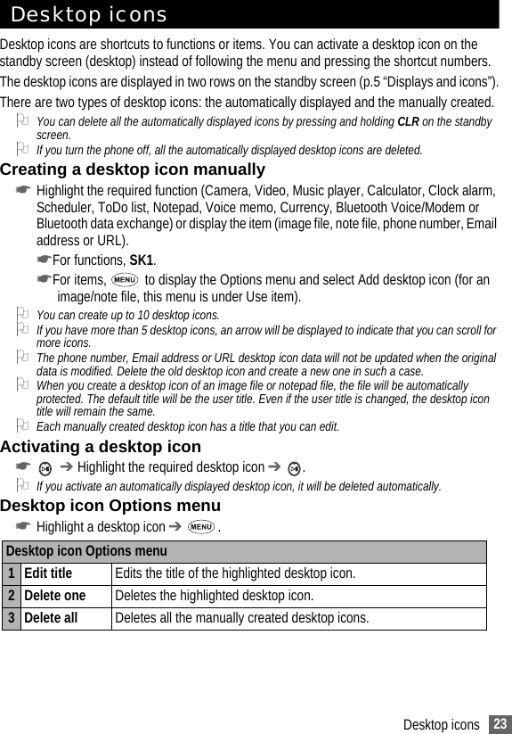 23Desktop iconsDesktop iconsDesktop icons are shortcuts to functions or items. You can activate a desktop icon on the standby screen (desktop) instead of following the menu and pressing the shortcut numbers.The desktop icons are displayed in two rows on the standby screen (p.5 “Displays and icons”).There are two types of desktop icons: the automatically displayed and the manually created. 2You can delete all the automatically displayed icons by pressing and holding CLR on the standby screen.2If you turn the phone off, all the automatically displayed desktop icons are deleted.Creating a desktop icon manually☛Highlight the required function (Camera, Video, Music player, Calculator, Clock alarm, Scheduler, ToDo list, Notepad, Voice memo, Currency, Bluetooth Voice/Modem or Bluetooth data exchange) or display the item (image file, note file, phone number, Email address or URL).☛For functions, SK1.☛For items,   to display the Options menu and select Add desktop icon (for an image/note file, this menu is under Use item).2You can create up to 10 desktop icons.2If you have more than 5 desktop icons, an arrow will be displayed to indicate that you can scroll for more icons.2The phone number, Email address or URL desktop icon data will not be updated when the original data is modified. Delete the old desktop icon and create a new one in such a case.2When you create a desktop icon of an image file or notepad file, the file will be automatically protected. The default title will be the user title. Even if the user title is changed, the desktop icon title will remain the same.2Each manually created desktop icon has a title that you can edit. Activating a desktop icon☛  ➔ Highlight the required desktop icon ➔ .2If you activate an automatically displayed desktop icon, it will be deleted automatically.Desktop icon Options menu☛Highlight a desktop icon ➔ .Desktop icon Options menu1 Edit title Edits the title of the highlighted desktop icon.2 Delete one Deletes the highlighted desktop icon.3 Delete all Deletes all the manually created desktop icons.
