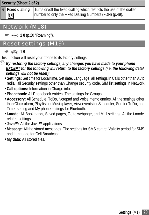 29Settings (M1)Network (M18)☛ 1 8 (p.20 “Roaming”).Reset settings (M19)☛ 1 9.This function will reset your phone to its factory settings.,By restoring the factory settings, any changes you have made to your phone EXCEPT for the following will return to the factory settings (i.e. the following data/settings will not be reset):•Settings: Set time for Local time, Set date, Language, all settings in Calls other than Auto redial, all Security settings other than Change security code, SIM list settings in Network.•Call options: Information in Charge info.•Phonebook: All Phonebook entries. The settings for Groups.•Accessory: All Schedule, ToDo, Notepad and Voice memo entries. All the settings other than Clock alarm, Play list for Music player, View events for Scheduler, Sort for ToDo, and Timer setting and My phone settings for Bluetooth.•i-mode: All Bookmarks, Saved pages, Go to webpage, and Mail settings. All the i-mode related settings.•Java™: All the Java™ applications. •Message: All the stored messages. The settings for SMS centre, Validity period for SMS and Language for Cell Broadcast.•My data: All stored files.6 Fixed dialling Turns on/off the fixed dialling which restricts the use of the dialled number to only the Fixed Dialling Numbers (FDN) (p.49).Security (Sheet 2 of 2)