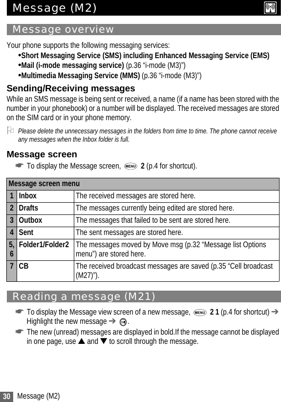 30 Message (M2)Message (M2) Message overviewYour phone supports the following messaging services:•Short Messaging Service (SMS) including Enhanced Messaging Service (EMS) •Mail (i-mode messaging service) (p.36 “i-mode (M3)”)•Multimedia Messaging Service (MMS) (p.36 “i-mode (M3)”)Sending/Receiving messagesWhile an SMS message is being sent or received, a name (if a name has been stored with the number in your phonebook) or a number will be displayed. The received messages are stored on the SIM card or in your phone memory. 2Please delete the unnecessary messages in the folders from time to time. The phone cannot receive any messages when the Inbox folder is full.Message screen☛To display the Message screen,   2 (p.4 for shortcut).Reading a message (M21)☛To display the Message view screen of a new message,   2 1 (p.4 for shortcut) ➔ Highlight the new message ➔ . ☛The new (unread) messages are displayed in bold.If the message cannot be displayed in one page, use ▲ and ▼ to scroll through the message. Message screen menu1 Inbox The received messages are stored here.2Drafts The messages currently being edited are stored here.3Outbox The messages that failed to be sent are stored here.4Sent The sent messages are stored here. 5, 6Folder1/Folder2 The messages moved by Move msg (p.32 “Message list Options menu”) are stored here.7CB The received broadcast messages are saved (p.35 “Cell broadcast (M27)”).