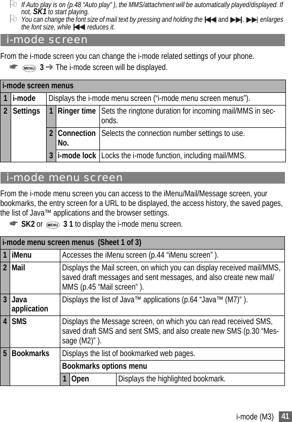 41i-mode (M3)2If Auto play is on (p.48 “Auto play” ), the MMS/attachment will be automatically played/displayed. If not, SK1 to start playing.2You can change the font size of mail text by pressing and holding the   and  .   enlarges the font size, while   reduces it.i-mode screenFrom the i-mode screen you can change the i-mode related settings of your phone.☛ 3 ➔ The i-mode screen will be displayed.i-mode menu screenFrom the i-mode menu screen you can access to the iMenu/Mail/Message screen, your bookmarks, the entry screen for a URL to be displayed, the access history, the saved pages, the list of Java™ applications and the browser settings.☛SK2 or   3 1 to display the i-mode menu screen.i-mode screen menus 1 i-mode Displays the i-mode menu screen (“i-mode menu screen menus”).2 Settings 1Ringer timeSets the ringtone duration for incoming mail/MMS in sec-onds.2 Connection No. Selects the connection number settings to use.3 i-mode lock Locks the i-mode function, including mail/MMS.i-mode menu screen menus  (Sheet 1 of 3)1iMenu Accesses the iMenu screen (p.44 “iMenu screen” ).2Mail Displays the Mail screen, on which you can display received mail/MMS, saved draft messages and sent messages, and also create new mail/MMS (p.45 “Mail screen” ).3 Java application Displays the list of Java™ applications (p.64 “Java™ (M7)” ).4SMS Displays the Message screen, on which you can read received SMS, saved draft SMS and sent SMS, and also create new SMS (p.30 “Mes-sage (M2)” ).5 Bookmarks Displays the list of bookmarked web pages.Bookmarks options menu1Open Displays the highlighted bookmark.