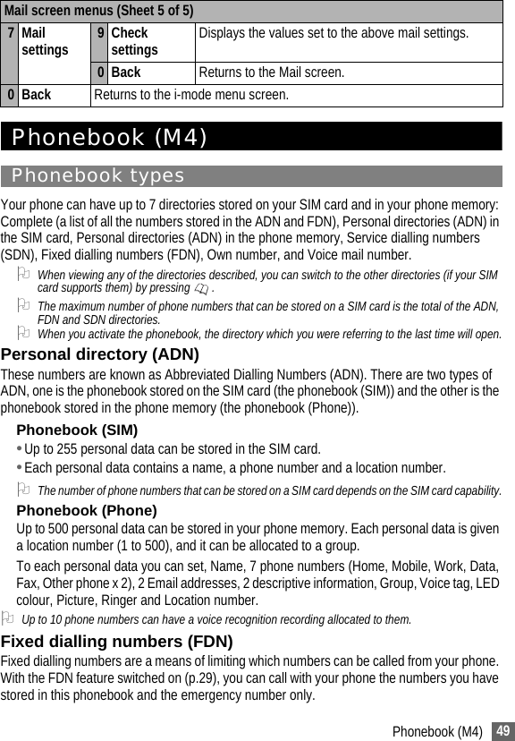 49Phonebook (M4)Phonebook (M4)Phonebook typesYour phone can have up to 7 directories stored on your SIM card and in your phone memory: Complete (a list of all the numbers stored in the ADN and FDN), Personal directories (ADN) in the SIM card, Personal directories (ADN) in the phone memory, Service dialling numbers (SDN), Fixed dialling numbers (FDN), Own number, and Voice mail number.2When viewing any of the directories described, you can switch to the other directories (if your SIM card supports them) by pressing  .2The maximum number of phone numbers that can be stored on a SIM card is the total of the ADN, FDN and SDN directories.2When you activate the phonebook, the directory which you were referring to the last time will open.Personal directory (ADN)These numbers are known as Abbreviated Dialling Numbers (ADN). There are two types of ADN, one is the phonebook stored on the SIM card (the phonebook (SIM)) and the other is the phonebook stored in the phone memory (the phonebook (Phone)).Phonebook (SIM)•Up to 255 personal data can be stored in the SIM card.•Each personal data contains a name, a phone number and a location number. 2The number of phone numbers that can be stored on a SIM card depends on the SIM card capability.Phonebook (Phone)Up to 500 personal data can be stored in your phone memory. Each personal data is given a location number (1 to 500), and it can be allocated to a group.To each personal data you can set, Name, 7 phone numbers (Home, Mobile, Work, Data, Fax, Other phone x 2), 2 Email addresses, 2 descriptive information, Group, Voice tag, LED colour, Picture, Ringer and Location number.2Up to 10 phone numbers can have a voice recognition recording allocated to them.Fixed dialling numbers (FDN)Fixed dialling numbers are a means of limiting which numbers can be called from your phone. With the FDN feature switched on (p.29), you can call with your phone the numbers you have stored in this phonebook and the emergency number only.7Mail settings 9 Check  settings Displays the values set to the above mail settings.0 Back Returns to the Mail screen.0 Back Returns to the i-mode menu screen.Mail screen menus (Sheet 5 of 5)