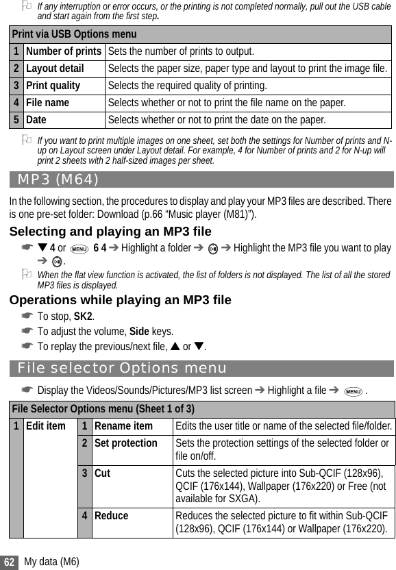 62 My data (M6)2If any interruption or error occurs, or the printing is not completed normally, pull out the USB cable and start again from the first step.2If you want to print multiple images on one sheet, set both the settings for Number of prints and N-up on Layout screen under Layout detail. For example, 4 for Number of prints and 2 for N-up will print 2 sheets with 2 half-sized images per sheet.MP3 (M64)In the following section, the procedures to display and play your MP3 files are described. There is one pre-set folder: Download (p.66 “Music player (M81)”).Selecting and playing an MP3 file☛▼ 4 or   6 4 ➔ Highlight a folder ➔  ➔ Highlight the MP3 file you want to play ➔ .2When the flat view function is activated, the list of folders is not displayed. The list of all the stored MP3 files is displayed.Operations while playing an MP3 file☛To stop, SK2.☛To adjust the volume, Side keys.☛To replay the previous/next file, ▲ or ▼.File selector Options menu☛Display the Videos/Sounds/Pictures/MP3 list screen ➔ Highlight a file ➔ .Print via USB Options menu1 Number of prints Sets the number of prints to output.2 Layout detail Selects the paper size, paper type and layout to print the image file.3 Print quality Selects the required quality of printing.4 File name Selects whether or not to print the file name on the paper.5Date Selects whether or not to print the date on the paper.File Selector Options menu (Sheet 1 of 3)1Edit item 1 Rename item Edits the user title or name of the selected file/folder.2 Set protection Sets the protection settings of the selected folder or file on/off.3Cut Cuts the selected picture into Sub-QCIF (128x96), QCIF (176x144), Wallpaper (176x220) or Free (not available for SXGA).4 Reduce Reduces the selected picture to fit within Sub-QCIF (128x96), QCIF (176x144) or Wallpaper (176x220).