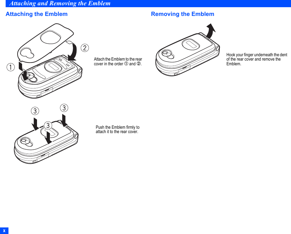 xAttaching and Removing the EmblemAttaching the Emblem Removing the EmblemAttach the Emblem to the rear cover in the order ➀ and ➁.Push the Emblem firmly to attach it to the rear cover.Hook your finger underneath the dent of the rear cover and remove the Emblem.