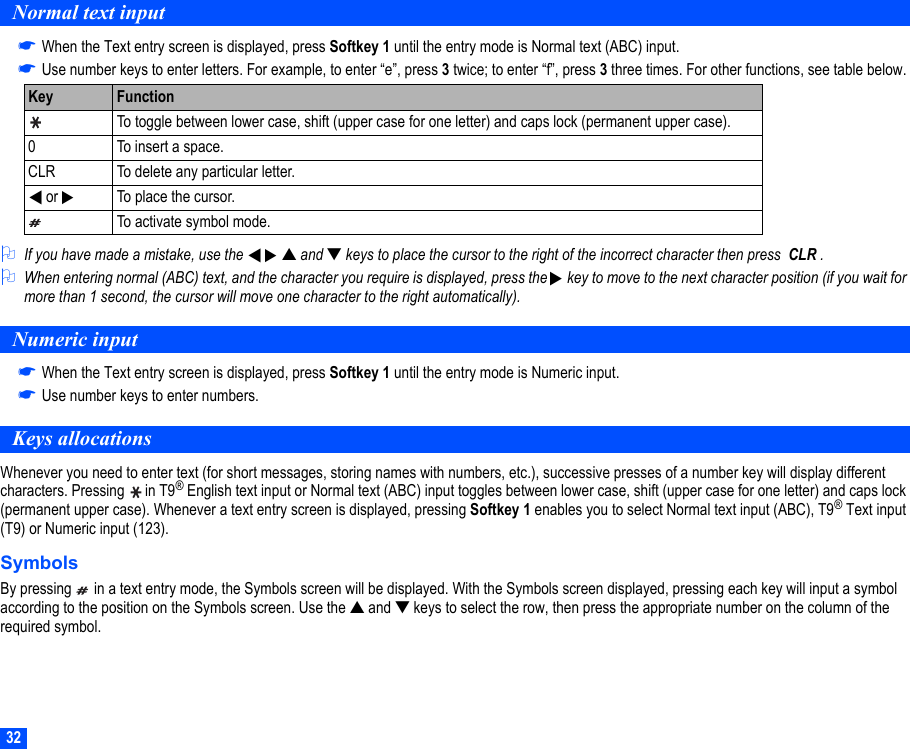 32Normal text input☛When the Text entry screen is displayed, press Softkey 1 until the entry mode is Normal text (ABC) input.☛Use number keys to enter letters. For example, to enter “e”, press 3 twice; to enter “f”, press 3 three times. For other functions, see table below.2If you have made a mistake, use the   ▲ and ▼ keys to place the cursor to the right of the incorrect character then press  CLR .2When entering normal (ABC) text, and the character you require is displayed, press the  key to move to the next character position (if you wait for more than 1 second, the cursor will move one character to the right automatically).Numeric input☛When the Text entry screen is displayed, press Softkey 1 until the entry mode is Numeric input.☛Use number keys to enter numbers.Keys allocationsWhenever you need to enter text (for short messages, storing names with numbers, etc.), successive presses of a number key will display different characters. Pressing   in T9® English text input or Normal text (ABC) input toggles between lower case, shift (upper case for one letter) and caps lock (permanent upper case). Whenever a text entry screen is displayed, pressing Softkey 1 enables you to select Normal text input (ABC), T9® Text input (T9) or Numeric input (123).SymbolsBy pressing   in a text entry mode, the Symbols screen will be displayed. With the Symbols screen displayed, pressing each key will input a symbol according to the position on the Symbols screen. Use the ▲ and ▼ keys to select the row, then press the appropriate number on the column of the required symbol.Key FunctionTo toggle between lower case, shift (upper case for one letter) and caps lock (permanent upper case).0 To insert a space.CLR To delete any particular letter. or  To place the cursor.To activate symbol mode.▼▼▼▼▼