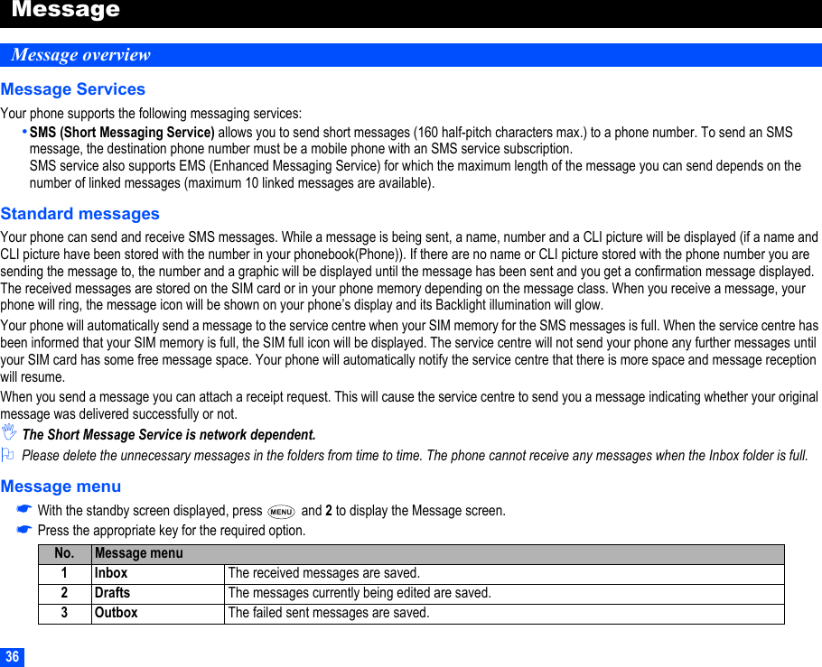 36MessageMessage overviewMessage ServicesYour phone supports the following messaging services:•SMS (Short Messaging Service) allows you to send short messages (160 half-pitch characters max.) to a phone number. To send an SMS message, the destination phone number must be a mobile phone with an SMS service subscription.SMS service also supports EMS (Enhanced Messaging Service) for which the maximum length of the message you can send depends on the number of linked messages (maximum 10 linked messages are available). Standard messagesYour phone can send and receive SMS messages. While a message is being sent, a name, number and a CLI picture will be displayed (if a name and CLI picture have been stored with the number in your phonebook(Phone)). If there are no name or CLI picture stored with the phone number you are sending the message to, the number and a graphic will be displayed until the message has been sent and you get a confirmation message displayed. The received messages are stored on the SIM card or in your phone memory depending on the message class. When you receive a message, your phone will ring, the message icon will be shown on your phone’s display and its Backlight illumination will glow.Your phone will automatically send a message to the service centre when your SIM memory for the SMS messages is full. When the service centre has been informed that your SIM memory is full, the SIM full icon will be displayed. The service centre will not send your phone any further messages until your SIM card has some free message space. Your phone will automatically notify the service centre that there is more space and message reception will resume.When you send a message you can attach a receipt request. This will cause the service centre to send you a message indicating whether your original message was delivered successfully or not.,The Short Message Service is network dependent.2Please delete the unnecessary messages in the folders from time to time. The phone cannot receive any messages when the Inbox folder is full.Message menu☛With the standby screen displayed, press   and 2 to display the Message screen. ☛Press the appropriate key for the required option.No. Message menu1 Inbox The received messages are saved.2 Drafts The messages currently being edited are saved.3Outbox The failed sent messages are saved.