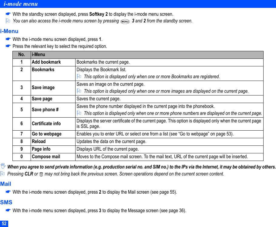 52i-mode menu☛With the standby screen displayed, press Softkey 2 to display the i-mode menu screen.2You can also access the i-mode menu screen by pressing   3 and 2 from the standby screen.i-Menu☛With the i-mode menu screen displayed, press 1.☛Press the relevant key to select the required option.,When you agree to send private information (e.g. production serial no. and SIM no.) to the IPs via the Internet, it may be obtained by others.2Pressing CLR or   may not bring back the previous screen. Screen operations depend on the current screen content.Mail☛With the i-mode menu screen displayed, press 2 to display the Mail screen (see page 55).SMS☛With the i-mode menu screen displayed, press 3 to display the Message screen (see page 36). No. i-Menu1 Add bookmark Bookmarks the current page.2 Bookmarks Displays the Bookmark list.2This option is displayed only when one or more Bookmarks are registered. 3 Save image Saves an image on the current page.2This option is displayed only when one or more images are displayed on the current page.4 Save page Saves the current page.5 Save phone # Saves the phone number displayed in the current page into the phonebook.2This option is displayed only when one or more phone numbers are displayed on the current page.6 Certificate info Displays the server certificate of the current page. This option is displayed only when the current page is SSL page.7 Go to webpage Enables you to enter URL or select one from a list (see “Go to webpage” on page 53).8Reload Updates the data on the current page.9 Page info Displays URL of the current page.0 Compose mail Moves to the Compose mail screen. To the mail text, URL of the current page will be inserted.