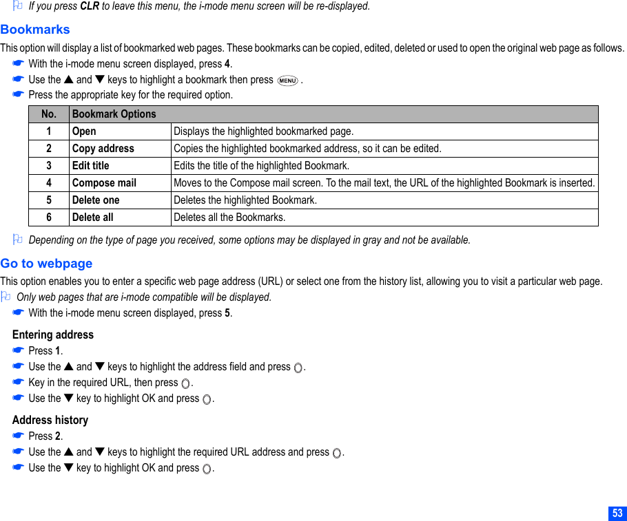 532If you press CLR to leave this menu, the i-mode menu screen will be re-displayed.BookmarksThis option will display a list of bookmarked web pages. These bookmarks can be copied, edited, deleted or used to open the original web page as follows. ☛With the i-mode menu screen displayed, press 4.☛Use the ▲ and ▼ keys to highlight a bookmark then press  .☛Press the appropriate key for the required option.2Depending on the type of page you received, some options may be displayed in gray and not be available.Go to webpageThis option enables you to enter a specific web page address (URL) or select one from the history list, allowing you to visit a particular web page.2Only web pages that are i-mode compatible will be displayed.☛With the i-mode menu screen displayed, press 5.Entering address☛Press 1.☛Use the ▲ and ▼ keys to highlight the address field and press  .☛Key in the required URL, then press  .☛Use the ▼ key to highlight OK and press  .Address history☛Press 2.☛Use the ▲ and ▼ keys to highlight the required URL address and press  .☛Use the ▼ key to highlight OK and press  .No. Bookmark Options1Open Displays the highlighted bookmarked page.2 Copy address Copies the highlighted bookmarked address, so it can be edited.3 Edit title Edits the title of the highlighted Bookmark.4Compose mail Moves to the Compose mail screen. To the mail text, the URL of the highlighted Bookmark is inserted.5 Delete one Deletes the highlighted Bookmark.6 Delete all Deletes all the Bookmarks.