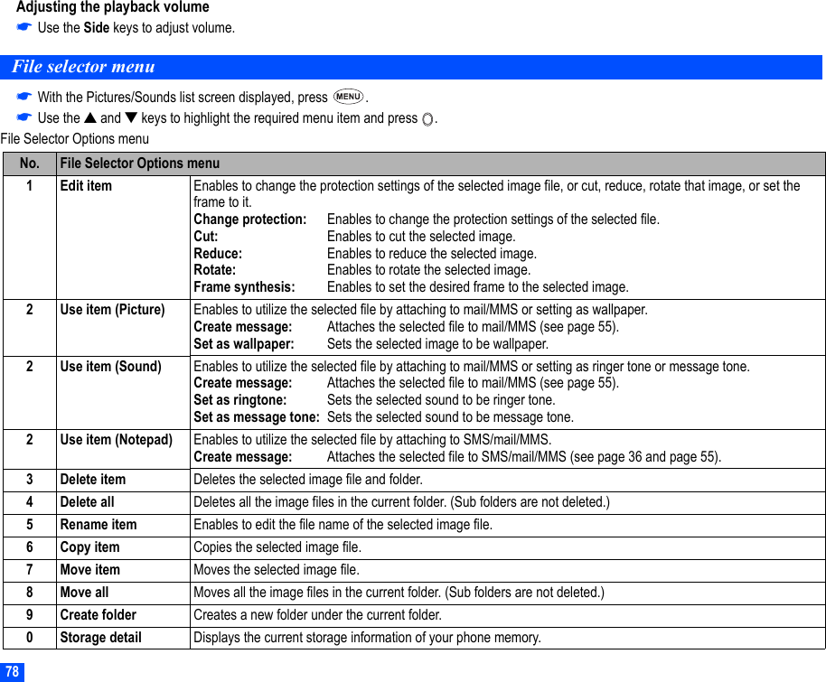 78Adjusting the playback volume☛Use the Side keys to adjust volume.File selector menu☛With the Pictures/Sounds list screen displayed, press  .☛Use the ▲ and ▼ keys to highlight the required menu item and press  .File Selector Options menuNo. File Selector Options menu1Edit item Enables to change the protection settings of the selected image file, or cut, reduce, rotate that image, or set the frame to it.Change protection: Enables to change the protection settings of the selected file.Cut: Enables to cut the selected image.Reduce: Enables to reduce the selected image.Rotate: Enables to rotate the selected image.Frame synthesis: Enables to set the desired frame to the selected image.2 Use item (Picture) Enables to utilize the selected file by attaching to mail/MMS or setting as wallpaper.Create message: Attaches the selected file to mail/MMS (see page 55).Set as wallpaper: Sets the selected image to be wallpaper.2 Use item (Sound) Enables to utilize the selected file by attaching to mail/MMS or setting as ringer tone or message tone.Create message: Attaches the selected file to mail/MMS (see page 55).Set as ringtone: Sets the selected sound to be ringer tone.Set as message tone: Sets the selected sound to be message tone.2 Use item (Notepad) Enables to utilize the selected file by attaching to SMS/mail/MMS.Create message: Attaches the selected file to SMS/mail/MMS (see page 36 and page 55).3 Delete item Deletes the selected image file and folder.4 Delete all Deletes all the image files in the current folder. (Sub folders are not deleted.)5 Rename item Enables to edit the file name of the selected image file.6 Copy item Copies the selected image file.7 Move item Moves the selected image file.8Move all Moves all the image files in the current folder. (Sub folders are not deleted.)9 Create folder Creates a new folder under the current folder.0 Storage detail Displays the current storage information of your phone memory.