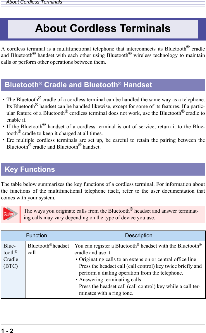 1 - 2About Cordless TerminalsA cordless terminal is a multifunctional telephone that interconnects its Bluetooth® cradleand Bluetooth® handset with each other using Bluetooth® wireless technology to maintaincalls or perform other operations between them.・The Bluetooth® cradle of a cordless terminal can be handled the same way as a telephone.Its Bluetooth® handset can be handled likewise, except for some of its features. If a partic-ular feature of a Bluetooth® cordless terminal does not work, use the Bluetooth® cradle toenable it.・If the Bluetooth® handset of a cordless terminal is out of service, return it to the Blue-tooth® cradle to keep it charged at all times.・Ere multiple cordless terminals are set up, be careful to retain the pairing between theBluetooth® cradle and Bluetooth® handset.The table below summarizes the key functions of a cordless terminal. For information aboutthe functions of the multifunctional telephone itself, refer to the user documentation thatcomes with your system.About Cordless TerminalsBluetooth® Cradle and Bluetooth® HandsetKey FunctionsThe ways you originate calls from the Bluetooth® headset and answer terminat-ing calls may vary depending on the type of device you use.Function DescriptionBlue-tooth® Cradle(BTC)Bluetooth® headset call You can register a Bluetooth® headset with the Bluetooth® cradle and use it.• Originating calls to an extension or central office linePress the headset call (call control) key twice briefly and perform a dialing operation from the telephone.• Answering terminating callsPress the headset call (call control) key while a call ter-minates with a ring tone.Caution