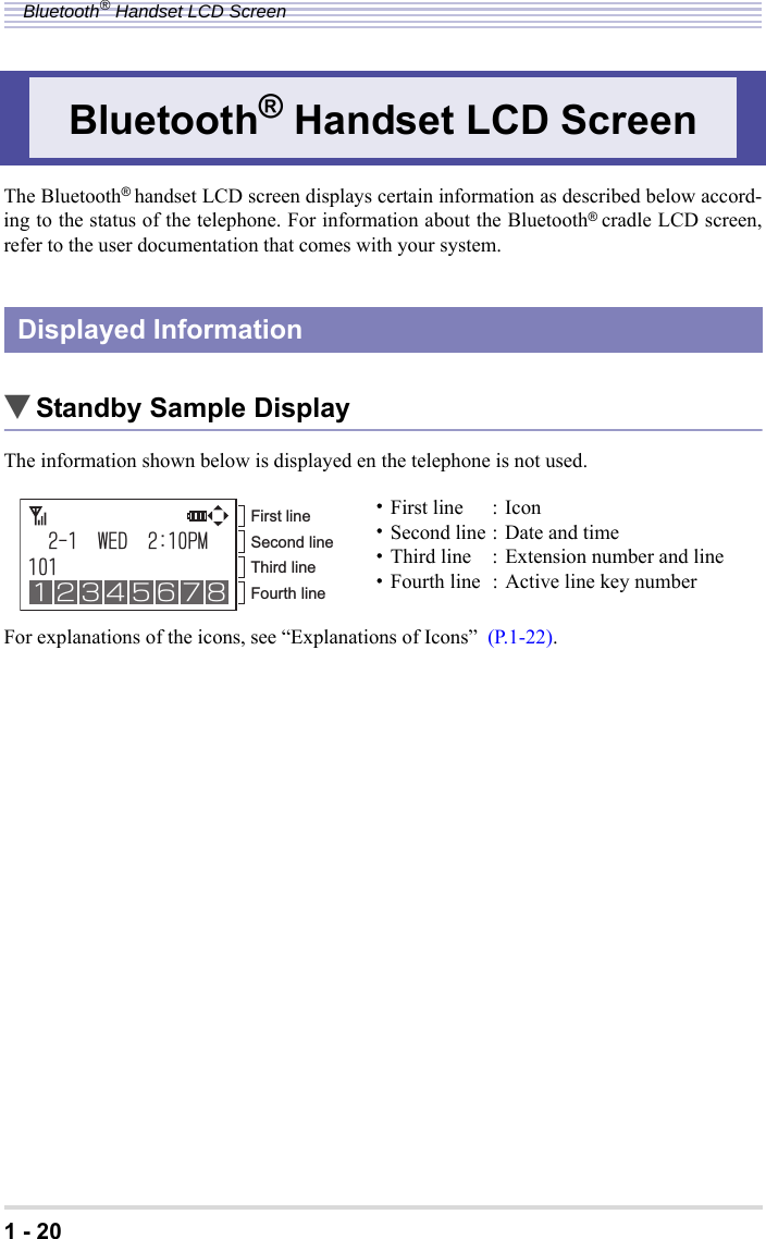 1 - 20Bluetooth® Handset LCD ScreenThe Bluetooth® handset LCD screen displays certain information as described below accord-ing to the status of the telephone. For information about the Bluetooth® cradle LCD screen,refer to the user documentation that comes with your system.▼Standby Sample DisplayThe information shown below is displayed en the telephone is not used.For explanations of the icons, see “Explanations of Icons”  (P.1-22).Bluetooth® Handset LCD ScreenDisplayed Information・First line : Icon・Second line : Date and time・Third line : Extension number and line・Fourth line : Active line key number9&apos;&amp;2/First lineSecond lineThird lineFourth lineĴ ĻĺĹĸķĶĵ