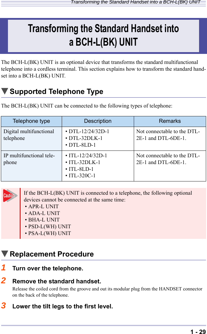 1 - 29Transforming the Standard Handset into a BCH-L(BK) UNITThe BCH-L(BK) UNIT is an optional device that transforms the standard multifunctional telephone into a cordless terminal. This section explains how to transform the standard hand-set into a BCH-L(BK) UNIT.▼Supported Telephone TypeThe BCH-L(BK) UNIT can be connected to the following types of telephone:▼Replacement Procedure1Turn over the telephone.2Remove the standard handset.Release the coiled cord from the groove and out its modular plug from the HANDSET connector on the back of the telephone.3Lower the tilt legs to the first level.Transforming the Standard Handset into a BCH-L(BK) UNITTelephone type Description RemarksDigital multifunctional telephone • DTL-12/24/32D-1• DTL-32DLK-1• DTL-8LD-1Not connectable to the DTL-2E-1 and DTL-6DE-1.IP multifunctional tele-phone • ITL-12/24/32D-1• ITL-32DLK-1• ITL-8LD-1• ITL-320C-1Not connectable to the DTL-2E-1 and DTL-6DE-1.If the BCH-L(BK) UNIT is connected to a telephone, the following optional devices cannot be connected at the same time:• APR-L UNIT• ADA-L UNIT• BHA-L UNIT• PSD-L(WH) UNIT• PSA-L(WH) UNITCaution