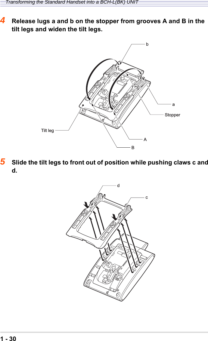 1 - 30Transforming the Standard Handset into a BCH-L(BK) UNIT4Release lugs a and b on the stopper from grooves A and B in the tilt legs and widen the tilt legs.5Slide the tilt legs to front out of position while pushing claws c and d.aABbTilt legStopperdc