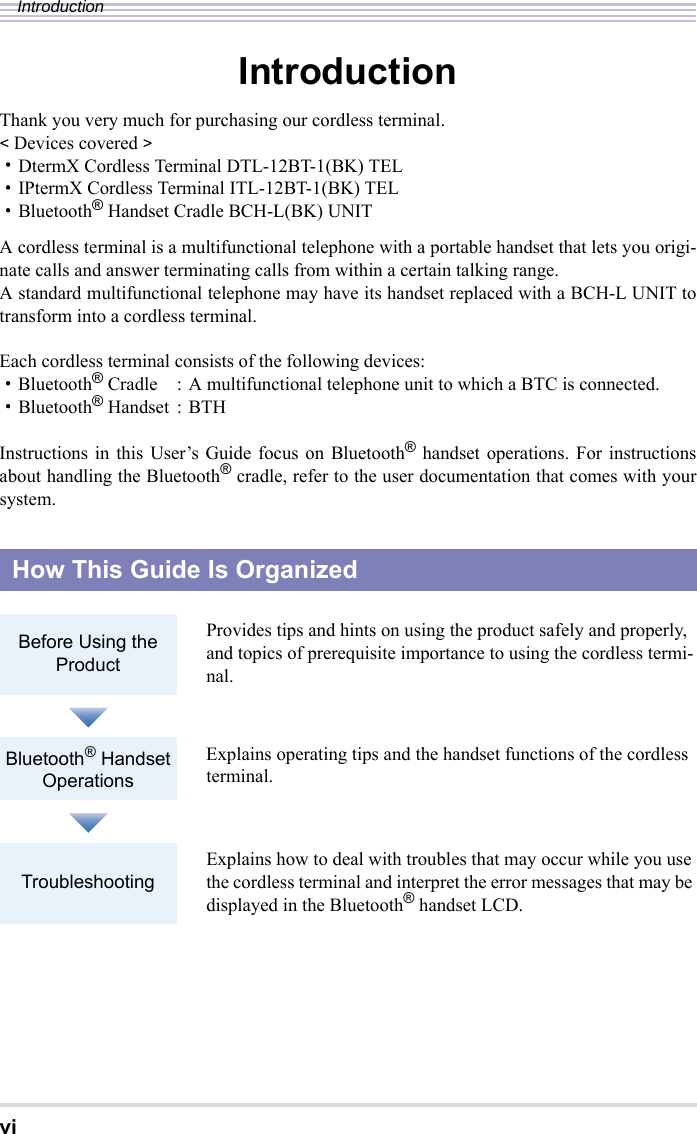 viIntroductionIntroductionThank you very much for purchasing our cordless terminal.&lt; Devices covered &gt;・DtermX Cordless Terminal DTL-12BT-1(BK) TEL・IPtermX Cordless Terminal ITL-12BT-1(BK) TEL・Bluetooth® Handset Cradle BCH-L(BK) UNITA cordless terminal is a multifunctional telephone with a portable handset that lets you origi-nate calls and answer terminating calls from within a certain talking range.A standard multifunctional telephone may have its handset replaced with a BCH-L UNIT totransform into a cordless terminal.Each cordless terminal consists of the following devices:・Bluetooth® Cradle : A multifunctional telephone unit to which a BTC is connected.・Bluetooth® Handset : BTHInstructions in this User’s Guide focus on Bluetooth® handset operations. For instructionsabout handling the Bluetooth® cradle, refer to the user documentation that comes with yoursystem.How This Guide Is OrganizedBefore Using the ProductProvides tips and hints on using the product safely and properly, and topics of prerequisite importance to using the cordless termi-nal.Bluetooth® Handset OperationsExplains operating tips and the handset functions of the cordless terminal.Troubleshooting Explains how to deal with troubles that may occur while you use the cordless terminal and interpret the error messages that may be displayed in the Bluetooth® handset LCD.
