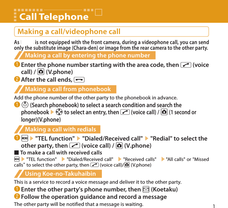 1Making a call/videophone callAs N-07E is not equipped with the front camera, during a videophone call, you can send only the substitute image (Chara-den) or image from the rear camera to the other party.Making a call by entering the phone number❶ Enter the phone number starting with the area code, then r (voice call) / u (V.phone)❷ After the call ends, yMaking a call from phonebookAdd the phone number of the other party to the phonebook in advance.❶ f (Search phonebook) to select a search condition and search the phonebook▶b to select an entry, then r (voice call) / u (1 second or longer)(V.phone)Making a call with redials❶ i▶ &quot;TEL function&quot; ▶ &quot;Dialed/Received call&quot; ▶ &quot;Redial&quot; to select the other party, then r (voice call) / u (V.phone)■ To make a call with received callsi▶ &quot;TEL function&quot;  ▶ &quot;Dialed/Received call&quot;  ▶ &quot;Received calls&quot;  ▶&quot;All calls&quot; or &quot;Missed calls” to select the other party, then r (voice call)/u (V.phone)Using Koe-no-TakuhaibinThis is a service to record a voice message and deliver it to the other party.❶ Enter the other party&apos;s phone number, then o (Koetaku)❷ Follow the operation guidance and record a messageThe other party will be notified that a message is waiting.Call Telephone