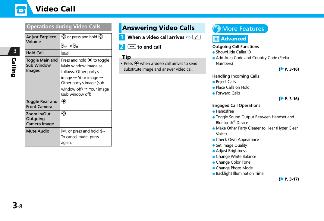 3-8Video CallCalling 3Operations during Video CallsAnswering Video CallsWhen a video call arrives  ry to end callMore FeaturesAdvancedOutgoing Call Functions●Show/Hide Caller ID●Add Area Code and Country Code (Prefix Numbers)( P. 3-16)Handling Incoming Calls●Reject Calls●Place Calls on Hold●Forward Calls( P. 3-16)Engaged Call Operations●Handsfree●Toggle Sound Output Between Handset and Bluetooth Device●Make Other Party Clearer to Hear (Hyper Clear Voice)●Check Own Appearance●Set Image Quality●Adjust Brightness●Change White Balance●Change Color Tone●Change Photo Mode●Backlight Illumination Time( P. 3-17)Adjust Earpiece  Volumec or press and hold cz or xHold Call tToggle Main and Sub Window ImagesPress and hold d to toggle Main window image as follows: Other party’s image → Your image → Other party’s image (sub window off) → Your im age (sub window off)Toggle Rear and Front CameradZoom In/Out Outgoing Camera ImagevMute Audio i or press and hold zTo  cancel mute, press  again.Tip･Press Xd when a video call arrives to send substitute image and answer video call.12