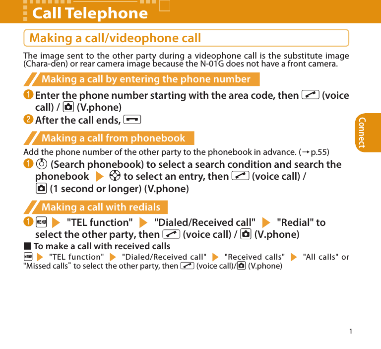 Connect1Making a call/videophone callThe image sent to the other party during a videophone call is the substitute image (Chara-den) or rear camera image because the N-01G does not have a front camera.Making a call by entering the phone number❶ Enter the phone number starting with the area code, then r (voice call) / u (V.phone)❷ After the call ends, yMaking a call from phonebookAdd the phone number of the other party to the phonebook in advance. (→p.55)❶ f (Search phonebook) to select a search condition and search the phonebook sb to select an entry, then r (voice call) /  u (1 second or longer) (V.phone)Making a call with redials❶ is &quot;TEL function&quot; s &quot;Dialed/Received call&quot; s &quot;Redial&quot; to select the other party, then r (voice call) / u (V.phone)■ To make a call with received callsis &quot;TEL function&quot; s &quot;Dialed/Received call&quot; s &quot;Received calls&quot; s &quot;All calls&quot; or &quot;Missed calls” to select the other party, then r (voice call)/u (V.phone)Call Telephone