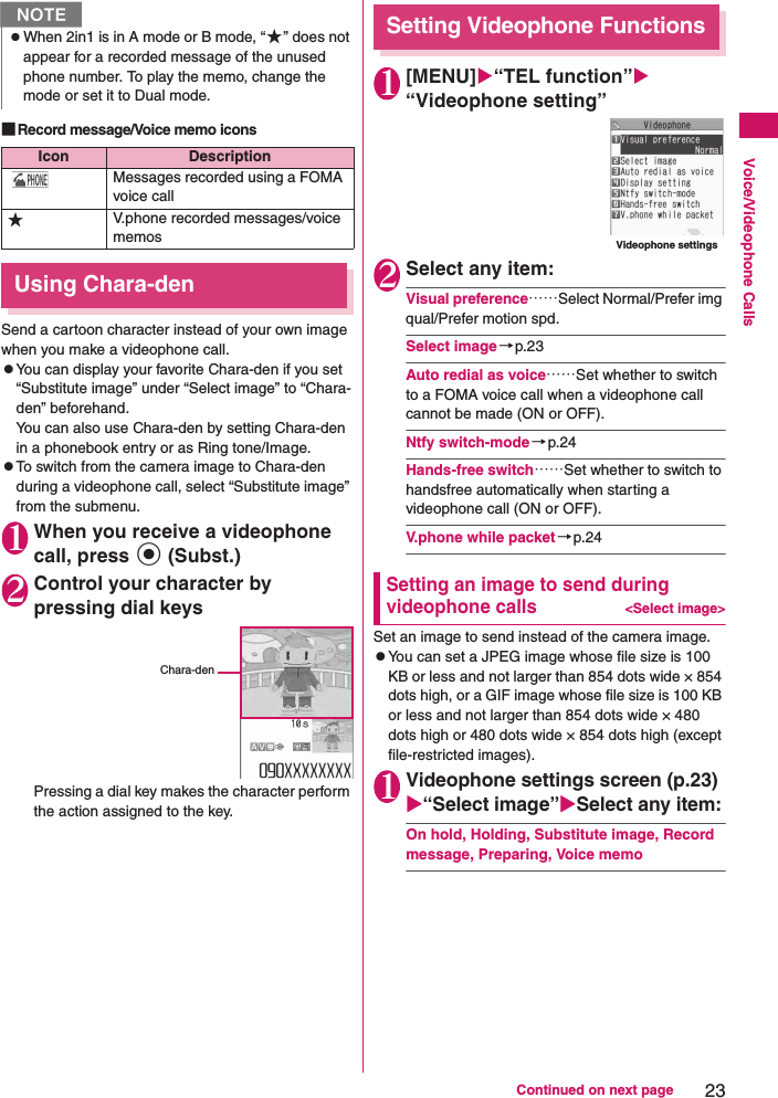 23Continued on next pageVoice/Videophone Calls■Record message/Voice memo iconsUsing Chara-denSend a cartoon character instead of your own image when you make a videophone call.zYou can display your favorite Chara-den if you set “Substitute image” under “Select image” to “Chara-den” beforehand.You can also use Chara-den by setting Chara-den in a phonebook entry or as Ring tone/Image.zTo switch from the camera image to Chara-den during a videophone call, select “Substitute image” from the submenu.1When you receive a videophone call, press d (Subst.)2Control your character by pressing dial keysPressing a dial key makes the character perform the action assigned to the key.Setting Videophone Functions1[MENU]“TEL function”“Videophone setting”2Select any item:Visual preference……Select Normal/Prefer img qual/Prefer motion spd.Select image→p.23Auto redial as voice……Set whether to switch to a FOMA voice call when a videophone call cannot be made (ON or OFF).Ntfy switch-mode→p.24Hands-free switch……Set whether to switch to handsfree automatically when starting a videophone call (ON or OFF).V.phone while packet→p.24Setting an image to send during videophone calls&lt;Select image&gt;Set an image to send instead of the camera image.zYou can set a JPEG image whose file size is 100 KB or less and not larger than 854 dots wide × 854 dots high, or a GIF image whose file size is 100 KB or less and not larger than 854 dots wide × 480 dots high or 480 dots wide × 854 dots high (except file-restricted images).1Videophone settings screen (p.23)“Select image”Select any item:On hold, Holding, Substitute image, Record message, Preparing, Voice memoNzWhen 2in1 is in A mode or B mode, “★” does not appear for a recorded message of the unused phone number. To play the memo, change the mode or set it to Dual mode.Icon DescriptionMessages recorded using a FOMA voice call★V.phone recorded messages/voice memosChara-denVideophone settings
