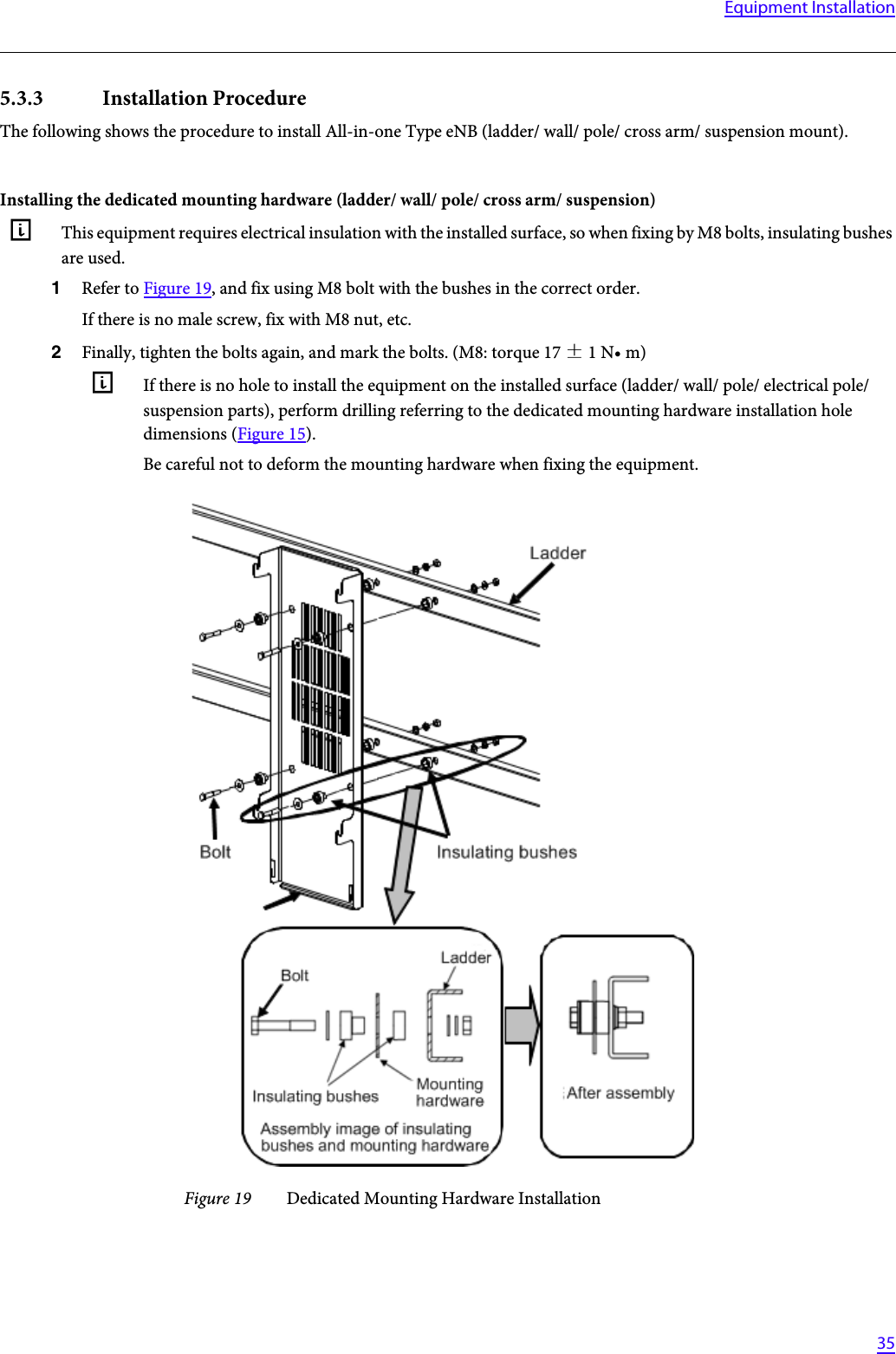   35Equipment Installation5.3.3 Installation ProcedureThe following shows the procedure to install All-in-one Type eNB (ladder/ wall/ pole/ cross arm/ suspension mount).Installing the dedicated mounting hardware (ladder/ wall/ pole/ cross arm/ suspension)GThis equipment requires electrical insulation with the installed surface, so when fixing by M8 bolts, insulating bushes are used.1Refer to Figure 19, and fix using M8 bolt with the bushes in the correct order.If there is no male screw, fix with M8 nut, etc.2Finally, tighten the bolts again, and mark the bolts. (M8: torque 17 ±1 N• m)GIf there is no hole to install the equipment on the installed surface (ladder/ wall/ pole/ electrical pole/ suspension parts), perform drilling referring to the dedicated mounting hardware installation hole dimensions (Figure 15).Be careful not to deform the mounting hardware when fixing the equipment.Figure 19 Dedicated Mounting Hardware Installation