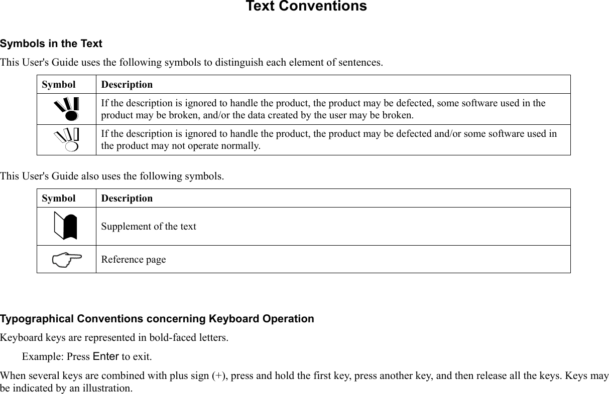 Text Conventions Symbols in the Text This User&apos;s Guide uses the following symbols to distinguish each element of sentences. Symbol Description  If the description is ignored to handle the product, the product may be defected, some software used in the product may be broken, and/or the data created by the user may be broken.  If the description is ignored to handle the product, the product may be defected and/or some software used in the product may not operate normally. Symbol Description  Supplement of the text  Reference page  This User&apos;s Guide also uses the following symbols.   Typographical Conventions concerning Keyboard Operation Keyboard keys are represented in bold-faced letters. Example: Press Enter to exit. When several keys are combined with plus sign (+), press and hold the first key, press another key, and then release all the keys. Keys may be indicated by an illustration.  