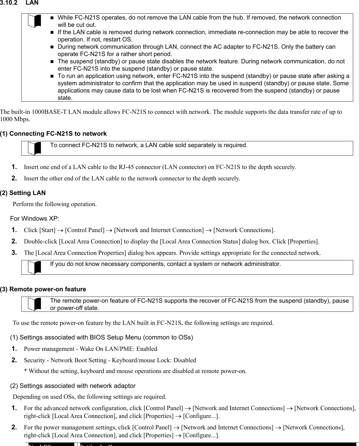 3.10.2 LAN   While FC-N21S operates, do not remove the LAN cable from the hub. If removed, the network connection will be cut out.  If the LAN cable is removed during network connection, immediate re-connection may be able to recover the operation. If not, restart OS.  During network communication through LAN, connect the AC adapter to FC-N21S. Only the battery can operate FC-N21S for a rather short period.  The suspend (standby) or pause state disables the network feature. During network communication, do not enter FC-N21S into the suspend (standby) or pause state.  To run an application using network, enter FC-N21S into the suspend (standby) or pause state after asking a system administrator to confirm that the application may be used in suspend (standby) or pause state. Some applications may cause data to be lost when FC-N21S is recovered from the suspend (standby) or pause state.  The built-in 1000BASE-T LAN module allows FC-N21S to connect with network. The module supports the data transfer rate of up to 1000 Mbps. (1) Connecting FC-N21S to network  To connect FC-N21S to network, a LAN cable sold separately is required.  1.  Insert one end of a LAN cable to the RJ-45 connector (LAN connector) on FC-N21S to the depth securely. 2.  Insert the other end of the LAN cable to the network connector to the depth securely. (2) Setting LAN Perform the following operation. For Windows XP: 1.  Click [Start] → [Control Panel] → [Network and Internet Connection] → [Network Connections]. 2.  Double-click [Local Area Connection] to display the [Local Area Connection Status] dialog box. Click [Properties]. 3.  The [Local Area Connection Properties] dialog box appears. Provide settings appropriate for the connected network.  If you do not know necessary components, contact a system or network administrator.  (3) Remote power-on feature  The remote power-on feature of FC-N21S supports the recover of FC-N21S from the suspend (standby), pause or power-off state.  To use the remote power-on feature by the LAN built in FC-N21S, the following settings are required. (1) Settings associated with BIOS Setup Menu (common to OSs) 1.  Power management - Wake On LAN/PME: Enabled 2.  Security - Network Boot Setting - Keyboard/mouse Lock: Disabled * Without the setting, keyboard and mouse operations are disabled at remote power-on. (2) Settings associated with network adaptor Depending on used OSs, the following settings are required. 1.  For the advanced network configuration, click [Control Panel] → [Network and Internet Connections] → [Network Connections], right-click [Local Area Connection], and click [Properties] → [Configure...]. 2.  For the power management settings, click [Control Panel] → [Network and Internet Connections] → [Network Connections], right-click [Local Area Connection], and click [Properties] → [Configure...]. UdOSS tti bOS