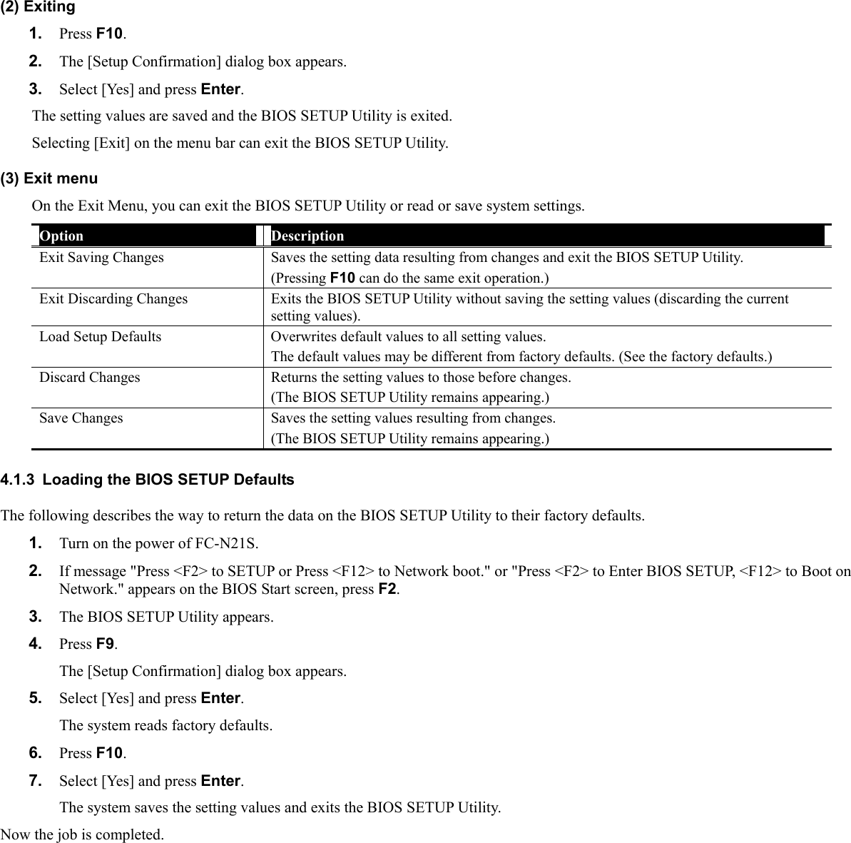 (2) Exiting 1.  Press F10. 2.  The [Setup Confirmation] dialog box appears. 3.  Select [Yes] and press Enter. The setting values are saved and the BIOS SETUP Utility is exited. Selecting [Exit] on the menu bar can exit the BIOS SETUP Utility. (3) Exit menu On the Exit Menu, you can exit the BIOS SETUP Utility or read or save system settings. Option  Description Exit Saving Changes  Saves the setting data resulting from changes and exit the BIOS SETUP Utility. (Pressing F10 can do the same exit operation.) Exit Discarding Changes  Exits the BIOS SETUP Utility without saving the setting values (discarding the current setting values). Load Setup Defaults  Overwrites default values to all setting values. The default values may be different from factory defaults. (See the factory defaults.) Discard Changes  Returns the setting values to those before changes. (The BIOS SETUP Utility remains appearing.) Save Changes  Saves the setting values resulting from changes. (The BIOS SETUP Utility remains appearing.)  4.1.3  Loading the BIOS SETUP Defaults The following describes the way to return the data on the BIOS SETUP Utility to their factory defaults. 1.  Turn on the power of FC-N21S. 2.  If message &quot;Press &lt;F2&gt; to SETUP or Press &lt;F12&gt; to Network boot.&quot; or &quot;Press &lt;F2&gt; to Enter BIOS SETUP, &lt;F12&gt; to Boot on Network.&quot; appears on the BIOS Start screen, press F2. 3.  The BIOS SETUP Utility appears. 4.  Press F9. The [Setup Confirmation] dialog box appears. 5.  Select [Yes] and press Enter. The system reads factory defaults. 6.  Press F10. 7.  Select [Yes] and press Enter. The system saves the setting values and exits the BIOS SETUP Utility. Now the job is completed. 