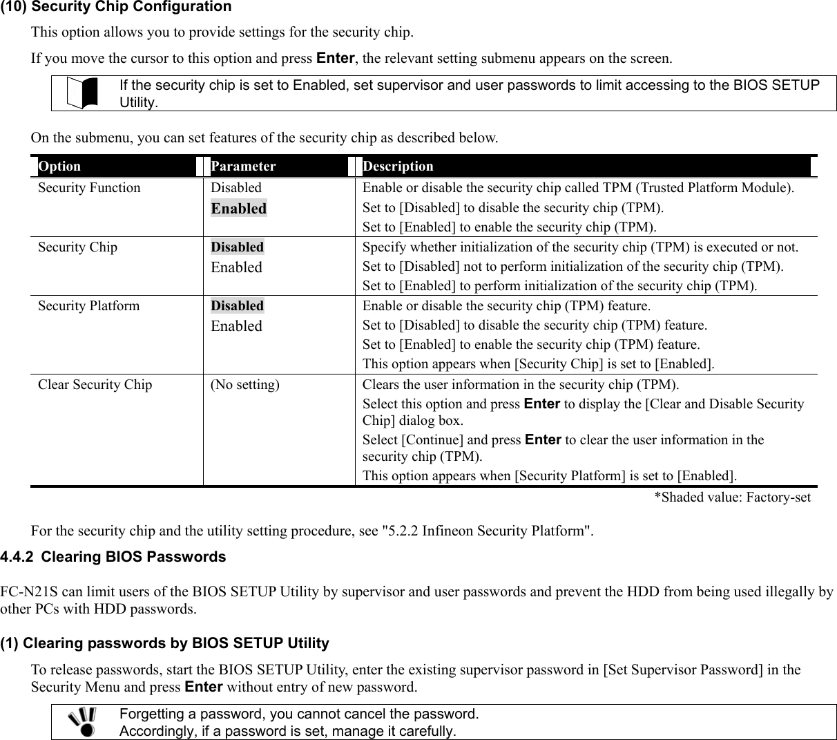 (10) Security Chip Configuration This option allows you to provide settings for the security chip. If you move the cursor to this option and press Enter, the relevant setting submenu appears on the screen.  If the security chip is set to Enabled, set supervisor and user passwords to limit accessing to the BIOS SETUP Utility.  On the submenu, you can set features of the security chip as described below. Option  Parameter  Description Security Function  Disabled Enabled Enable or disable the security chip called TPM (Trusted Platform Module). Set to [Disabled] to disable the security chip (TPM). Set to [Enabled] to enable the security chip (TPM). Security Chip  Disabled Enabled Specify whether initialization of the security chip (TPM) is executed or not. Set to [Disabled] not to perform initialization of the security chip (TPM). Set to [Enabled] to perform initialization of the security chip (TPM). Security Platform  Disabled Enabled Enable or disable the security chip (TPM) feature.   Set to [Disabled] to disable the security chip (TPM) feature. Set to [Enabled] to enable the security chip (TPM) feature. This option appears when [Security Chip] is set to [Enabled]. Clear Security Chip  (No setting)  Clears the user information in the security chip (TPM). Select this option and press Enter to display the [Clear and Disable Security Chip] dialog box. Select [Continue] and press Enter to clear the user information in the security chip (TPM). This option appears when [Security Platform] is set to [Enabled].    *Shaded value: Factory-set For the security chip and the utility setting procedure, see &quot;5.2.2 Infineon Security Platform&quot;. 4.4.2  Clearing BIOS Passwords FC-N21S can limit users of the BIOS SETUP Utility by supervisor and user passwords and prevent the HDD from being used illegally by other PCs with HDD passwords. (1) Clearing passwords by BIOS SETUP Utility To release passwords, start the BIOS SETUP Utility, enter the existing supervisor password in [Set Supervisor Password] in the Security Menu and press Enter without entry of new password.  Forgetting a password, you cannot cancel the password. Accordingly, if a password is set, manage it carefully.  