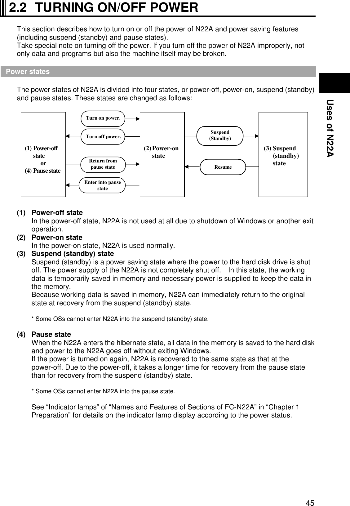  45 Uses of N22A 2.2  TURNING ON/OFF POWER  This section describes how to turn on or off the power of N22A and power saving features (including suspend (standby) and pause states). Take special note on turning off the power. If you turn off the power of N22A improperly, not only data and programs but also the machine itself may be broken.  Power states  The power states of N22A is divided into four states, or power-off, power-on, suspend (standby) and pause states. These states are changed as follows:              (1)  Power-off state   In the power-off state, N22A is not used at all due to shutdown of Windows or another exit operation. (2)  Power-on state   In the power-on state, N22A is used normally. (3)  Suspend (standby) state   Suspend (standby) is a power saving state where the power to the hard disk drive is shut off. The power supply of the N22A is not completely shut off.    In this state, the working data is temporarily saved in memory and necessary power is supplied to keep the data in the memory.   Because working data is saved in memory, N22A can immediately return to the original state at recovery from the suspend (standby) state.  * Some OSs cannot enter N22A into the suspend (standby) state.  (4)  Pause state   When the N22A enters the hibernate state, all data in the memory is saved to the hard disk and power to the N22A goes off without exiting Windows. If the power is turned on again, N22A is recovered to the same state as that at the power-off. Due to the power-off, it takes a longer time for recovery from the pause state than for recovery from the suspend (standby) state.  * Some OSs cannot enter N22A into the pause state.    See “Indicator lamps” of “Names and Features of Sections of FC-N22A” in “Chapter 1 Preparation” for details on the indicator lamp display according to the power status.         (1) Power-off state or (4) Pause state     (2) Power-on state     (3) Suspend (standby) state Turn on power. Turn off power. Suspend (Standby) Resume Return from pause state Enter into pause state 