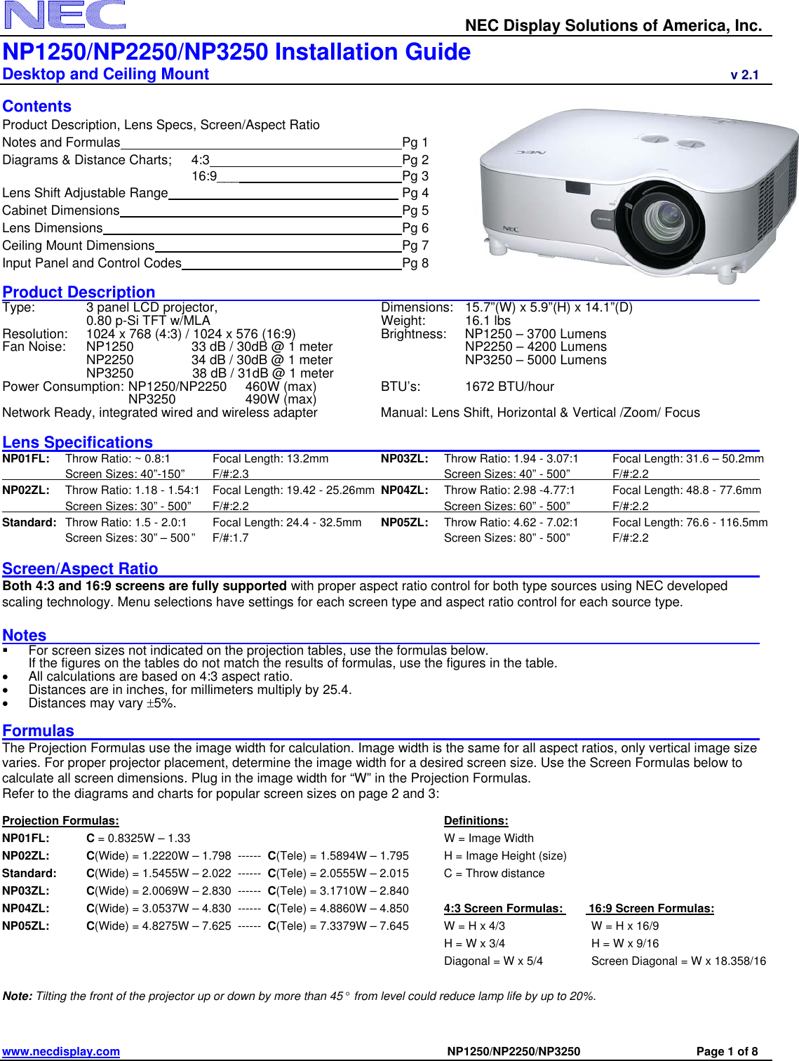 Page 1 of 8 - NEC NP2250 Visual Systems User Manual  To The 89da853d-1cb6-4d76-9934-f0fc9eb815da