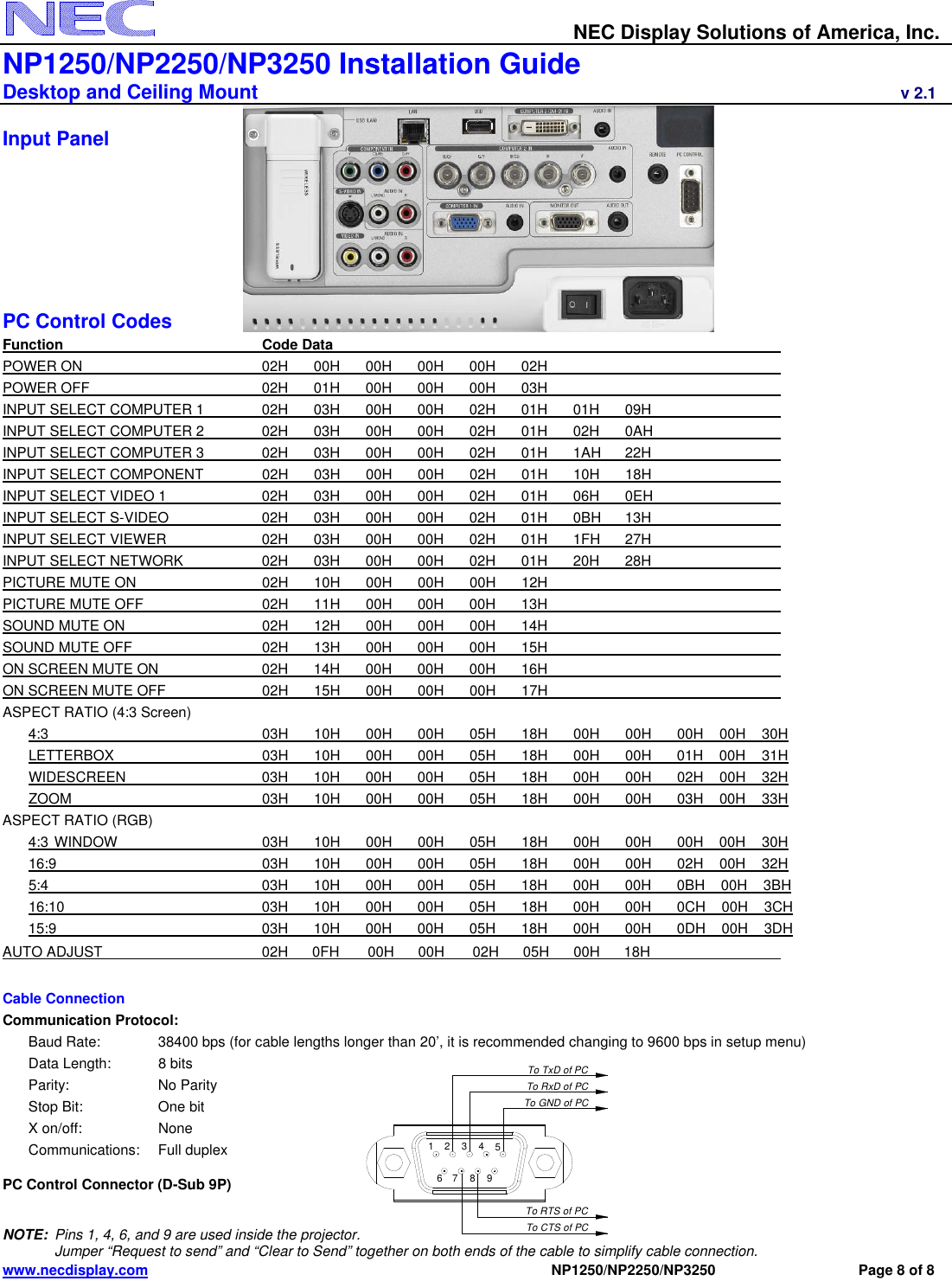 Page 8 of 8 - NEC NP2250 Visual Systems User Manual  To The 89da853d-1cb6-4d76-9934-f0fc9eb815da
