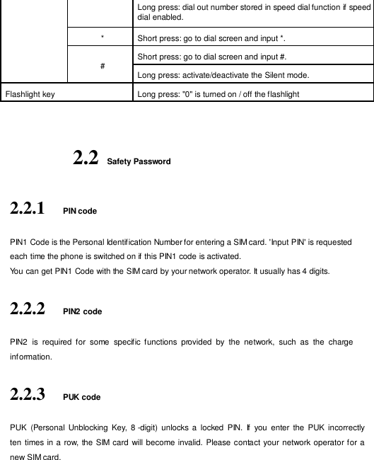    Long press: dial out number stored in speed dial function if speed dial enabled. * Short press: go to dial screen and input *.  # Short press: go to dial screen and input #. Long press: activate/deactivate the Silent mode. Flashlight key Long press: &quot;0&quot; is turned on / off the flashlight    2.2 Safety Password   2.2.1    PIN code  PIN1 Code is the Personal Identif ication Number for entering a SIM card. &apos;Input PIN&apos; is requested each time the phone is switched on if this PIN1 code is activated. You can get PIN1 Code with the SIM card by your network operator. It usually has 4 digits.  2.2.2    PIN2 code  PIN2  is  required  for  some  specific  functions  provided  by  the  network,  such  as  the  charge inf ormation.  2.2.3    PUK code  PUK  (Personal Unblocking  Key,  8 -digit)  unlocks  a  locked  PIN.  If  you  enter  the  PUK  incorrectly ten times in a row, the SIM card  will become invalid.  Please contact your network operator for a new SIM card. 