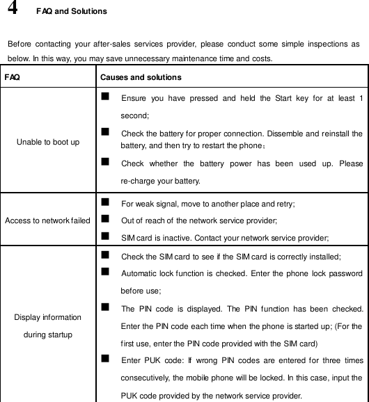  FAQ  Causes and solutions    Unable to boot up    Ensure  you  have  pressed  and  held  the  Start  key  for  at  least  1 second;    Check the battery for proper connection. Dissemble and reinstall the battery, and then try to restart the phone；    Check   whether   the  battery   power  has  been   used   up.  Please re-charge your battery.   Access to network failed    For weak signal, move to another place and retry;    Out of reach of the network service provider;    SIM card is inactive. Contact your network service provider;      Display information during startup    Check the SIM card to see if the SIM card is correctly installed;    Automatic lock function is checked. Enter the phone  lock password before use;    The  PIN  code  is  displayed.  The  PIN  function  has  been  checked. Enter the PIN code each time when the phone is started up; (For the f irst use, enter the PIN code provided with the SIM card)    Enter  PUK  code:  If  wrong  PIN  codes  are  entered for  three  times consecutively, the mobile phone will be locked. In this case, input the PUK code provided by the network service provider.    4  FAQ and Solutions  Before  contacting  your after-sales  services  provider,  please  conduct  some simple  inspections as below. In this way, you may save unnecessary maintenance time and costs. 