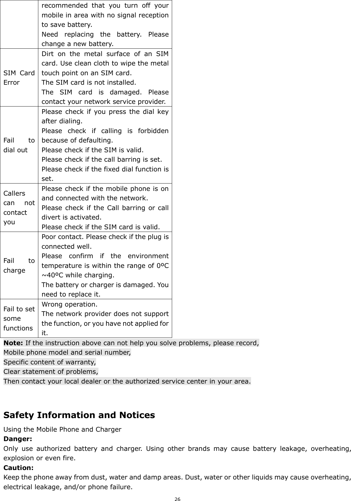 26 recommended  that  you  turn  off  your mobile in area with no signal reception to save battery. Need  replacing  the  battery.  Please change a new battery. SIM  Card Error Dirt  on  the  metal  surface  of  an  SIM card. Use clean cloth to wipe the metal touch point on an SIM card. The SIM card is not installed. The  SIM  card  is  damaged.  Please contact your network service provider. Fail  to dial out Please check if  you press the dial  key after dialing. Please  check  if  calling  is  forbidden because of defaulting. Please check if the SIM is valid. Please check if the call barring is set. Please check if the fixed dial function is set. Callers can  not contact you Please check if the mobile phone is on and connected with the network. Please check if the Call barring or call divert is activated. Please check if the SIM card is valid. Fail  to charge Poor contact. Please check if the plug is connected well. Please  confirm  if  the  environment temperature is within the range of 0ºC ~40ºC while charging. The battery or charger is damaged. You need to replace it. Fail to set some functions Wrong operation. The network provider does not support the function, or you have not applied for it. Note: If the instruction above can not help you solve problems, please record, Mobile phone model and serial number, Specific content of warranty, Clear statement of problems, Then contact your local dealer or the authorized service center in your area.   Safety Information and Notices Using the Mobile Phone and Charger Danger: Only  use  authorized  battery  and  charger.  Using  other  brands  may  cause  battery  leakage,  overheating, explosion or even fire. Caution: Keep the phone away from dust, water and damp areas. Dust, water or other liquids may cause overheating, electrical leakage, and/or phone failure.   