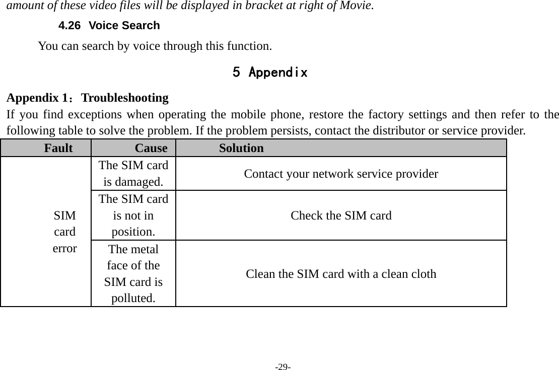 -29- amount of these video files will be displayed in bracket at right of Movie. 4.26 Voice Search      You can search by voice through this function. 5 Appendix Appendix 1：Troubleshooting If you find exceptions when operating the mobile phone, restore the factory settings and then refer to the following table to solve the problem. If the problem persists, contact the distributor or service provider. Fault  Cause  Solution SIM card error The SIM card is damaged.  Contact your network service provider The SIM card is not in position. Check the SIM card The metal face of the SIM card is polluted. Clean the SIM card with a clean cloth 