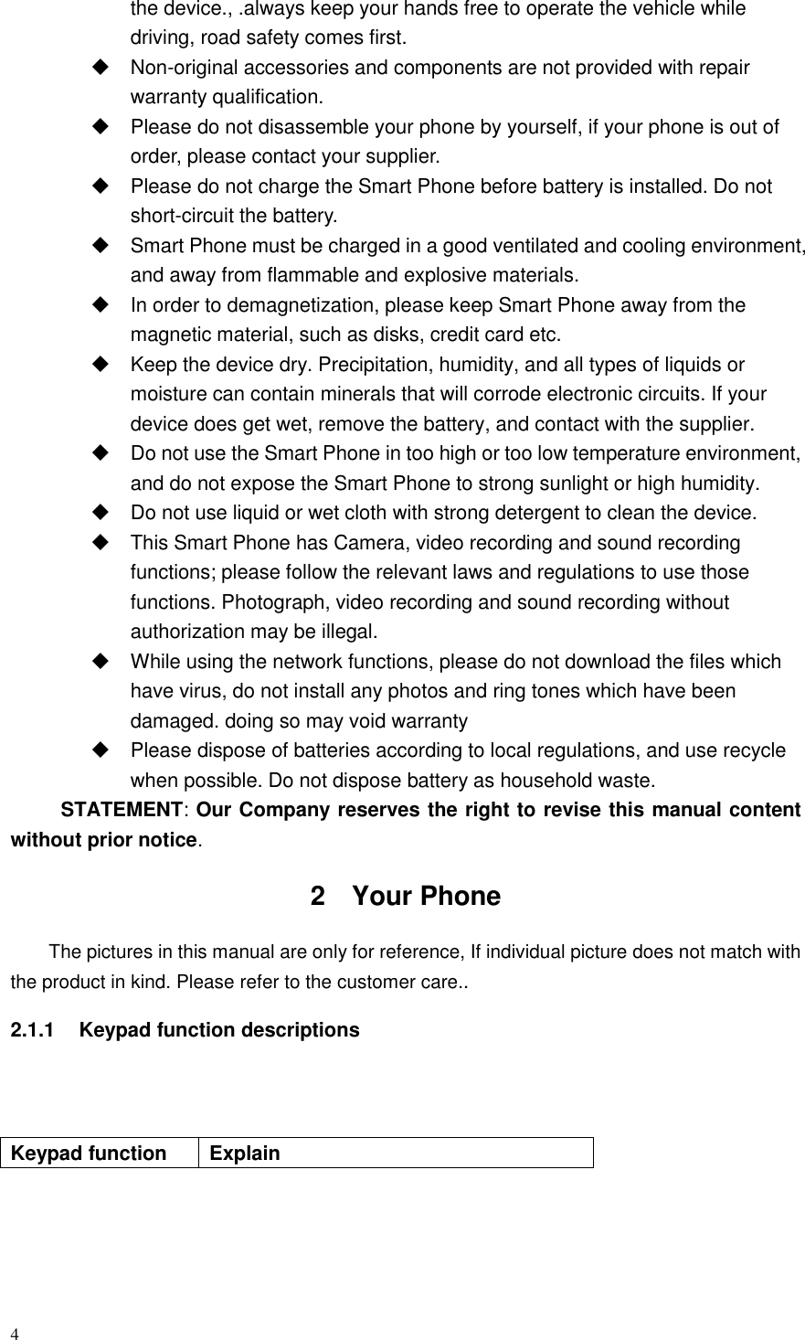 4  the device., .always keep your hands free to operate the vehicle while driving, road safety comes first.   Non-original accessories and components are not provided with repair warranty qualification.     Please do not disassemble your phone by yourself, if your phone is out of order, please contact your supplier.   Please do not charge the Smart Phone before battery is installed. Do not short-circuit the battery.     Smart Phone must be charged in a good ventilated and cooling environment, and away from flammable and explosive materials.   In order to demagnetization, please keep Smart Phone away from the magnetic material, such as disks, credit card etc.     Keep the device dry. Precipitation, humidity, and all types of liquids or moisture can contain minerals that will corrode electronic circuits. If your device does get wet, remove the battery, and contact with the supplier.     Do not use the Smart Phone in too high or too low temperature environment, and do not expose the Smart Phone to strong sunlight or high humidity.     Do not use liquid or wet cloth with strong detergent to clean the device.   This Smart Phone has Camera, video recording and sound recording functions; please follow the relevant laws and regulations to use those functions. Photograph, video recording and sound recording without authorization may be illegal.     While using the network functions, please do not download the files which have virus, do not install any photos and ring tones which have been damaged. doing so may void warranty   Please dispose of batteries according to local regulations, and use recycle when possible. Do not dispose battery as household waste.   STATEMENT: Our Company reserves the right to revise this manual content without prior notice. 2  Your Phone The pictures in this manual are only for reference, If individual picture does not match with the product in kind. Please refer to the customer care.. 2.1.1  Keypad function descriptions    Keypad function Explain 